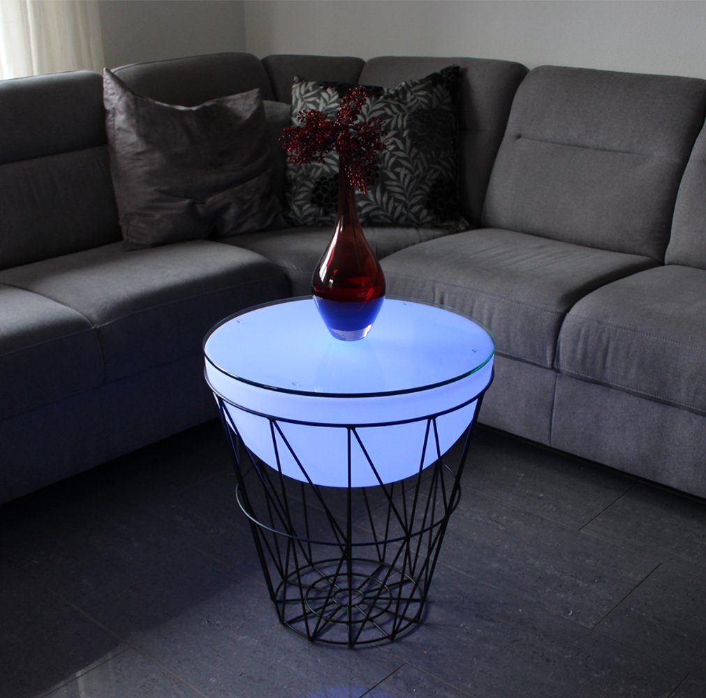 Arnusa Couchtisch LED Beistelltisch beleuchtet rund Korbtisch Metall 50x56 cm, Tisch mit Fernbedienung kabellos nutzbar RGB+W Lounge