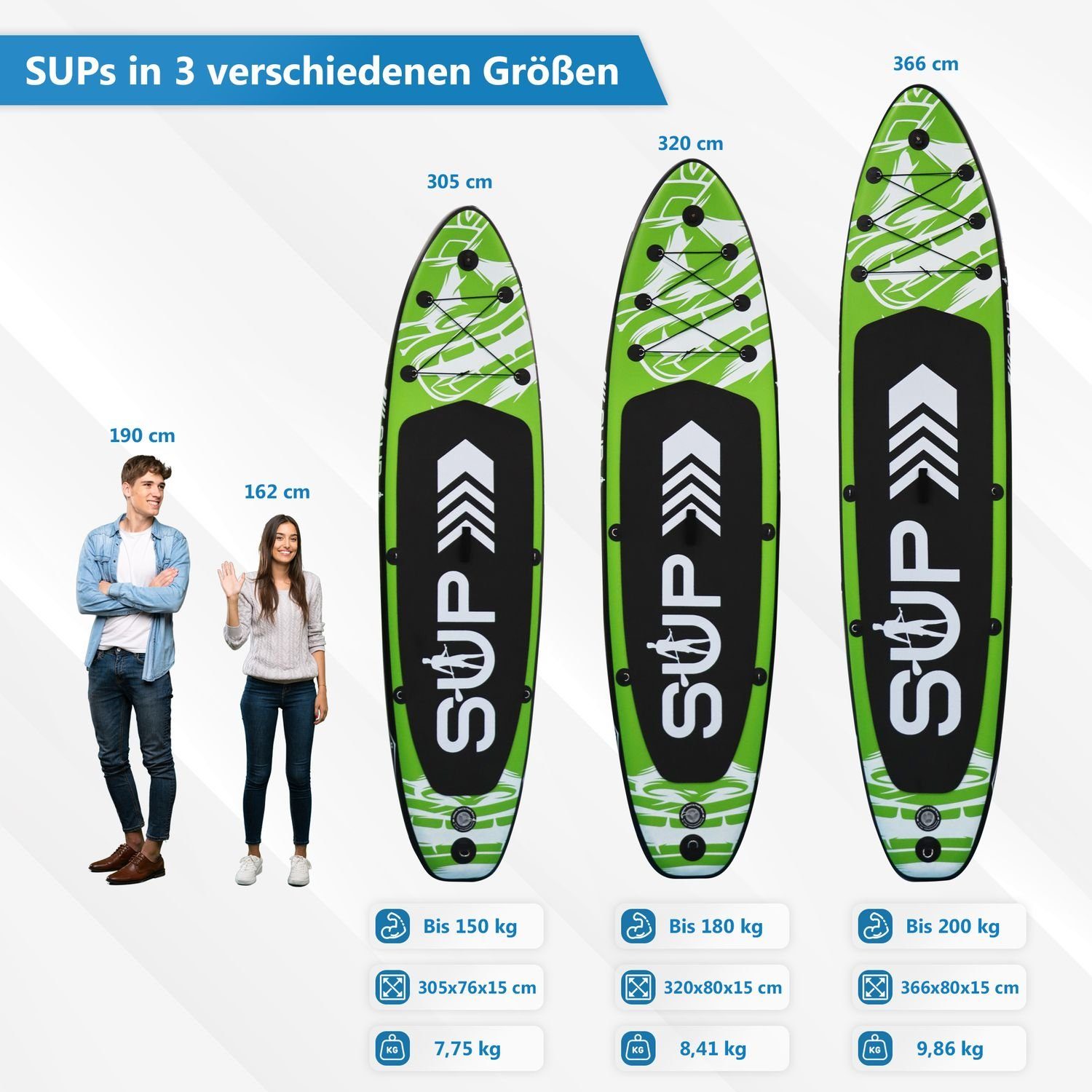 24Move SUP-Board Supboard Set, Premium Stand Up Paddleboard aufblasbar, inkl. Zubehör, Longboard, (Rucksack, Paddel, Action Cam ready, Doppelhub Pumpe, Sicherungsleine, 6 tlg., für Kinder & Erwachsene, GRÜN, 366x80, bis 200 kg), mit Drop Stich Techno