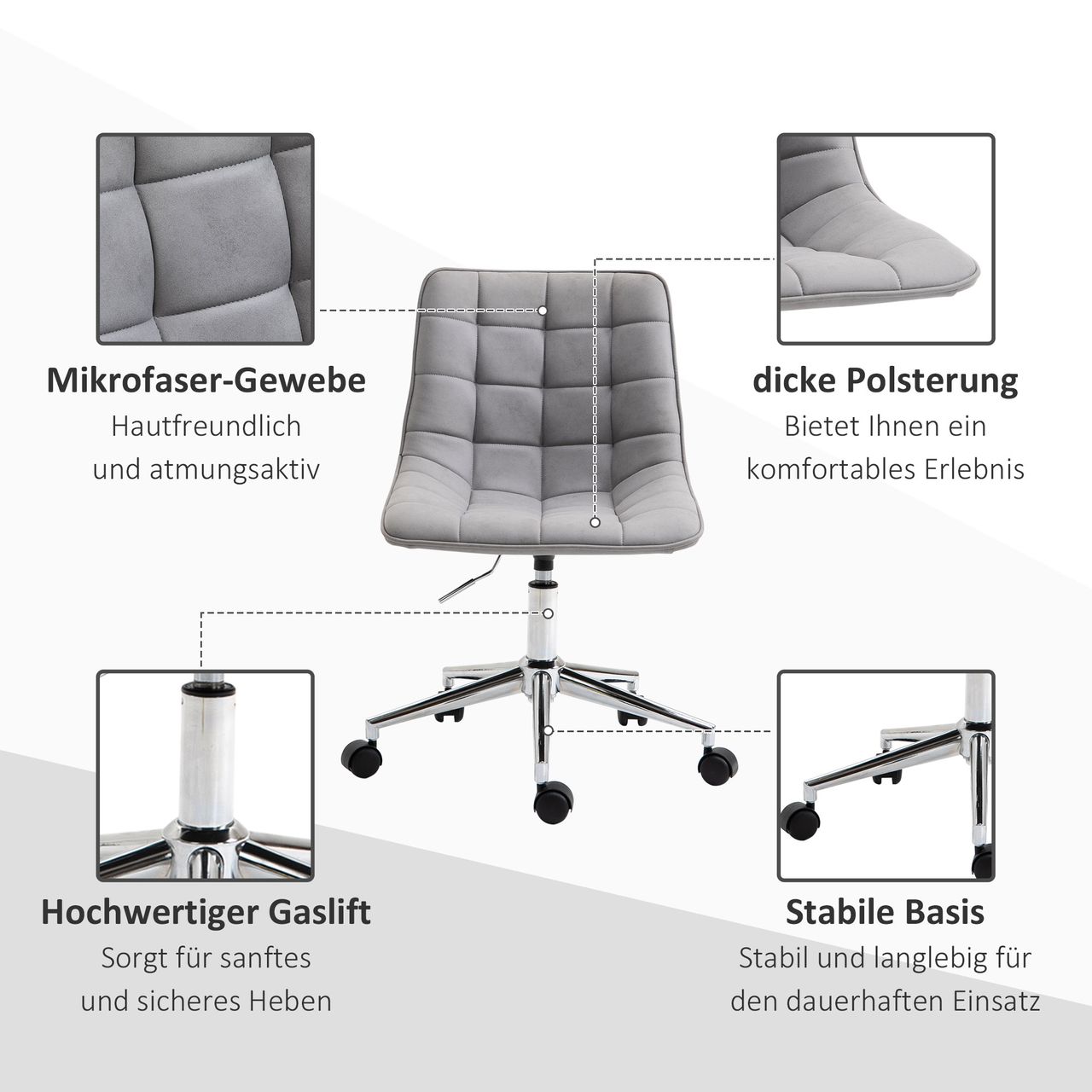 HOMCOM Bürostuhl Drehstuhl Schreibtischstuhl höhenverstellbar 360° drehbar Mikrofaser Schaumstoff Hellgrau 60x 60x90 cm
