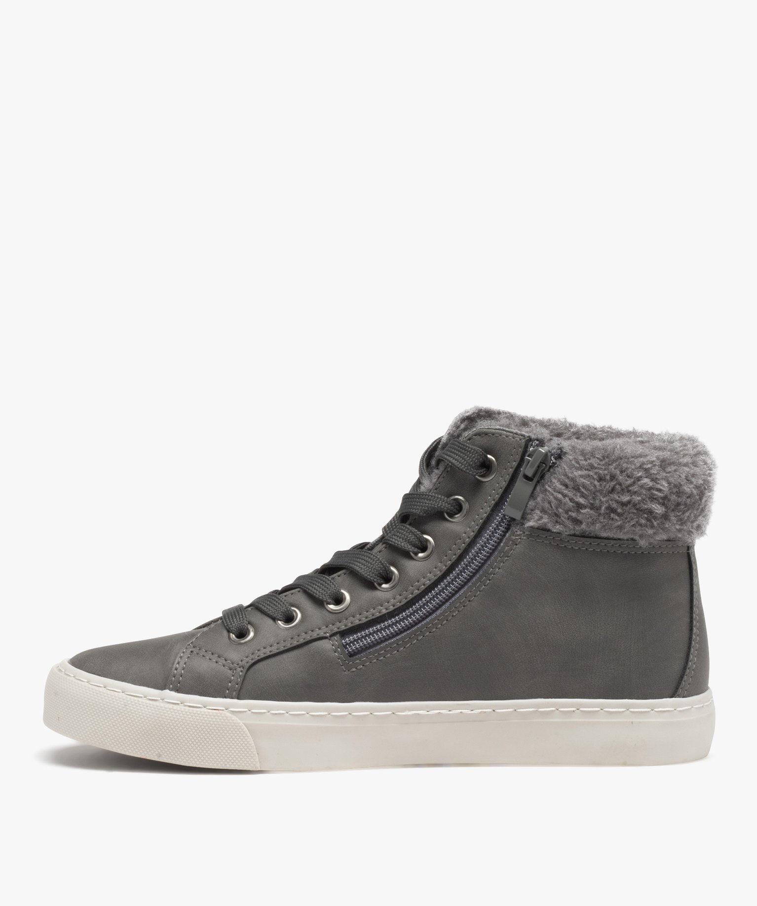 Baskets femme mid-cut unies avec col fourré et à zip gris | GEMO