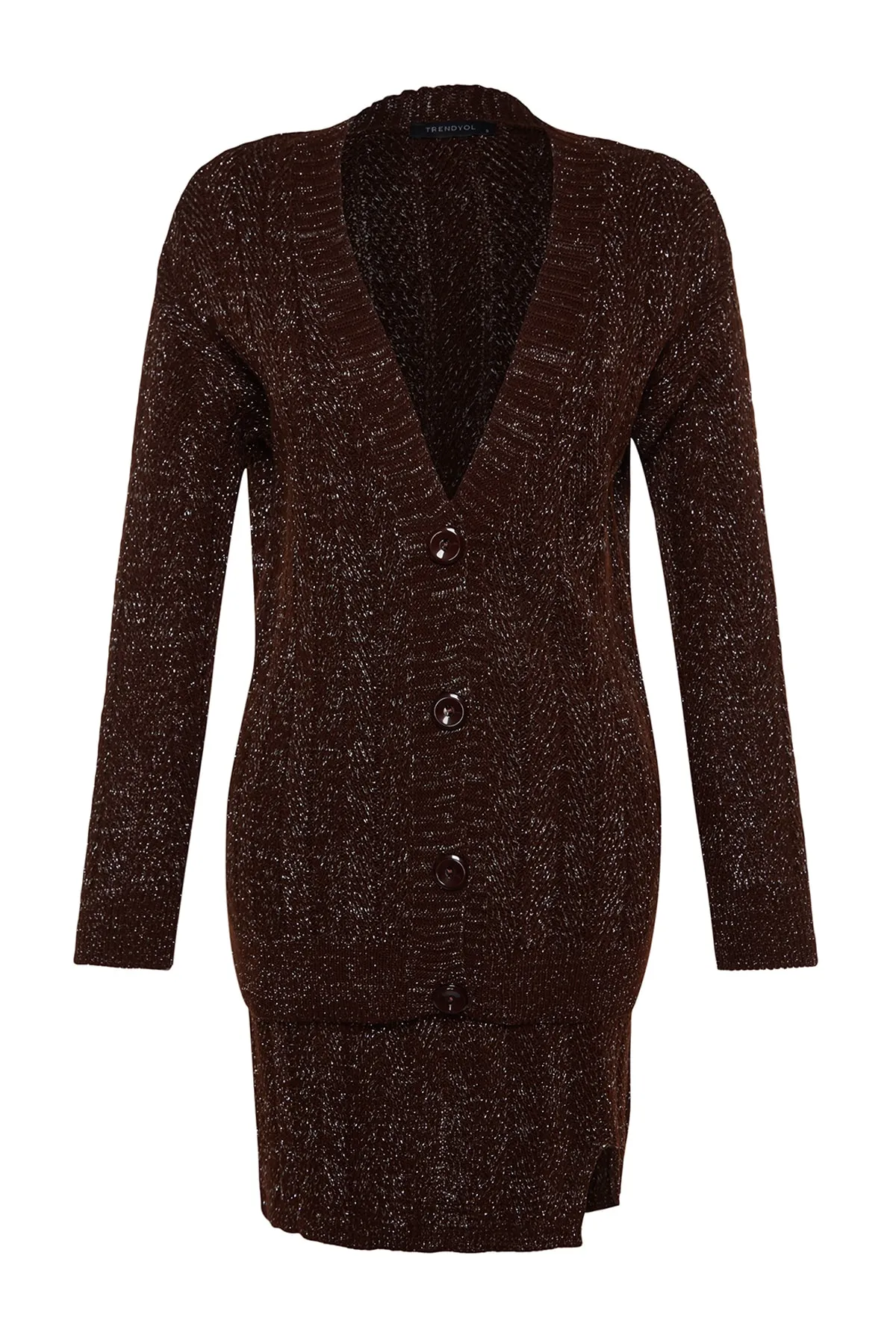 Trendyol Collection  Braunes Glitzer-Set aus Strickoberteil und -unterteil im Cardigan-Stil TWOAW24AU00090
