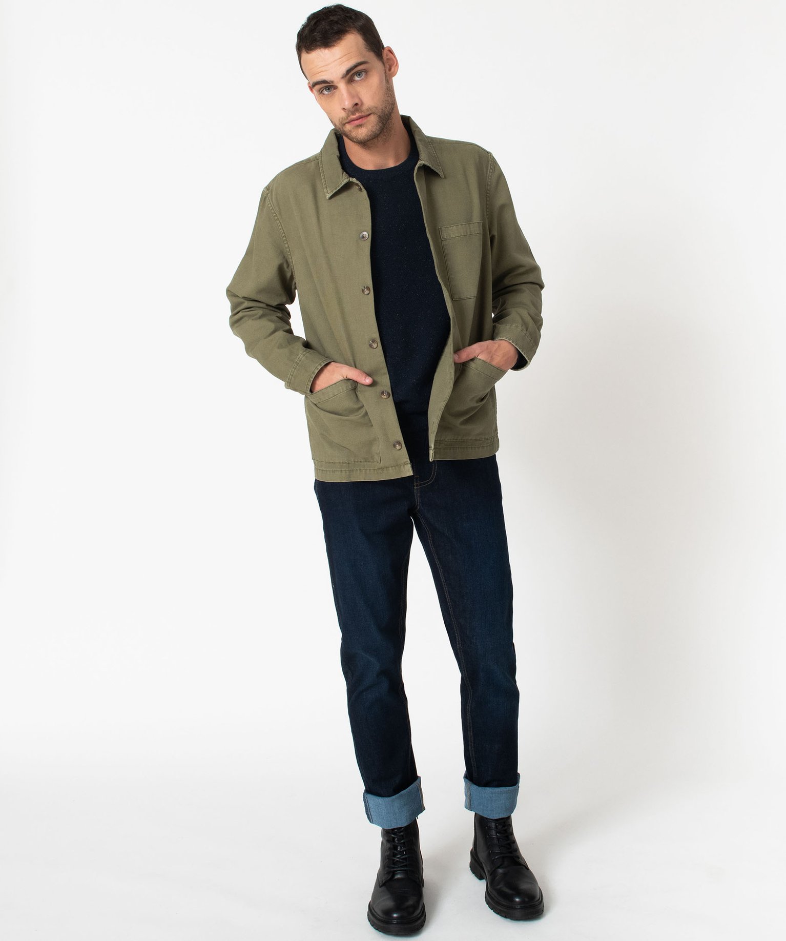 Veste droite en toile de coton à col chemise homme vert | GEMO