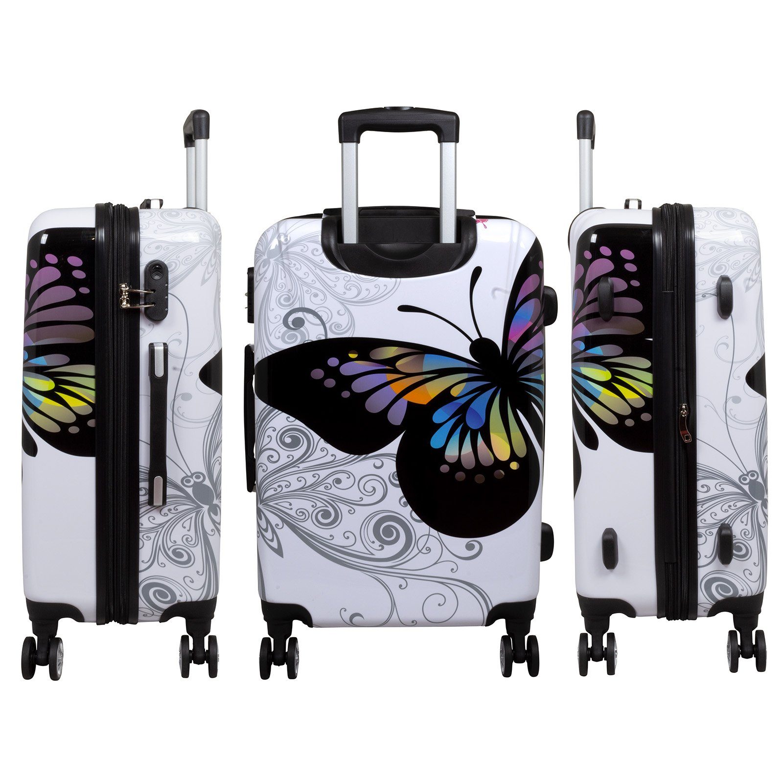 Trendyshop365 Hartschalen-Trolley Butterfly, bunter Koffer mit Schmetterlings-Motiv, 3 Größen, 4 Rollen, Zahlenschloss, Polycarbonat, Dehnfalte