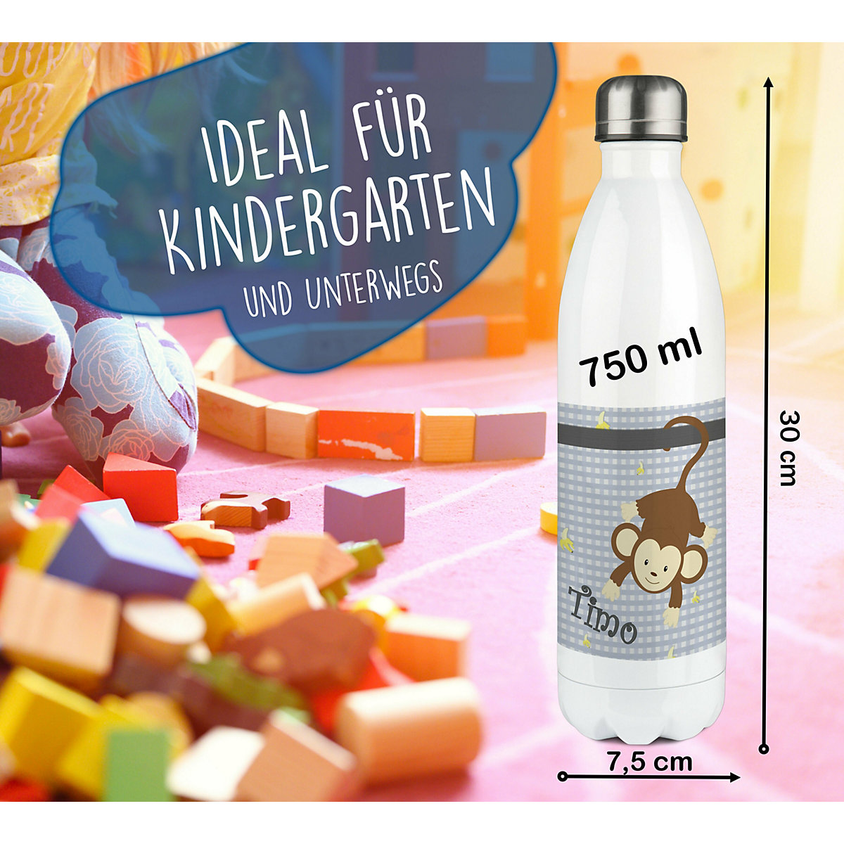 Edelstahl Kinder Thermoflasche / Trinkflasche bunt Affe hängend Farbe grau Spülmaschinenfest, Auslaufsicher, Bruchfest, Doppelwandig, Für Heißgetränke geeignet, Mit Deckel, Isoliert