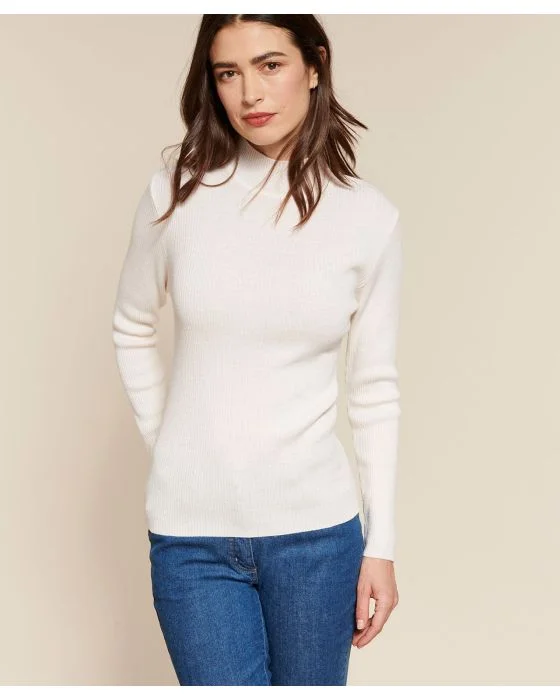 Pull col montant, 50% laine mérinos, uni et rayé