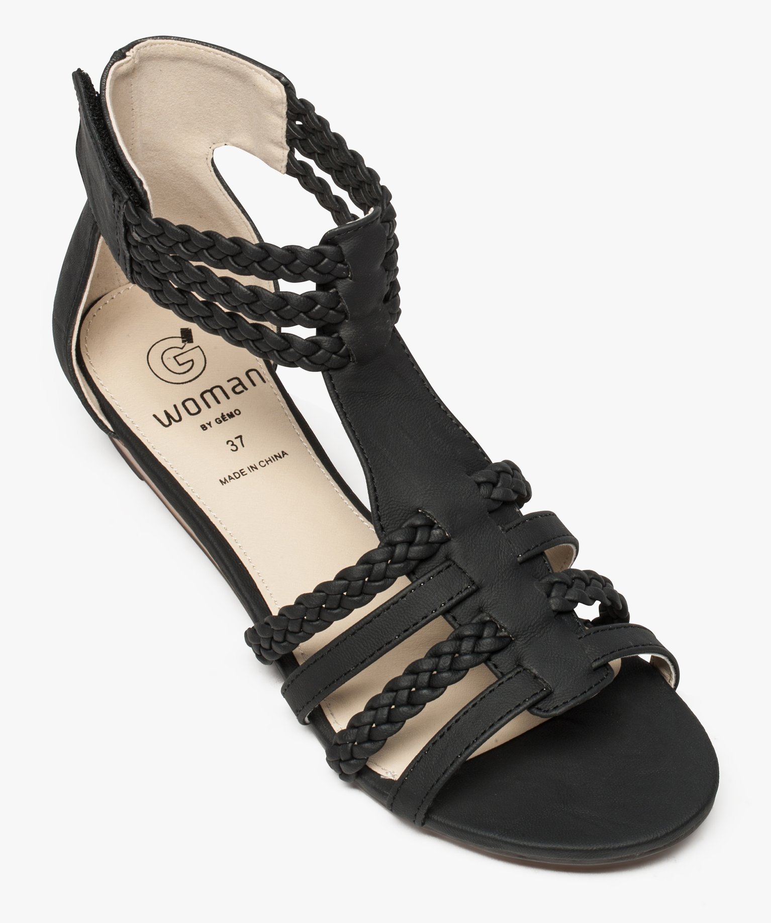 Sandales femme avec brides tressées autour de la cheville noir | GEMO