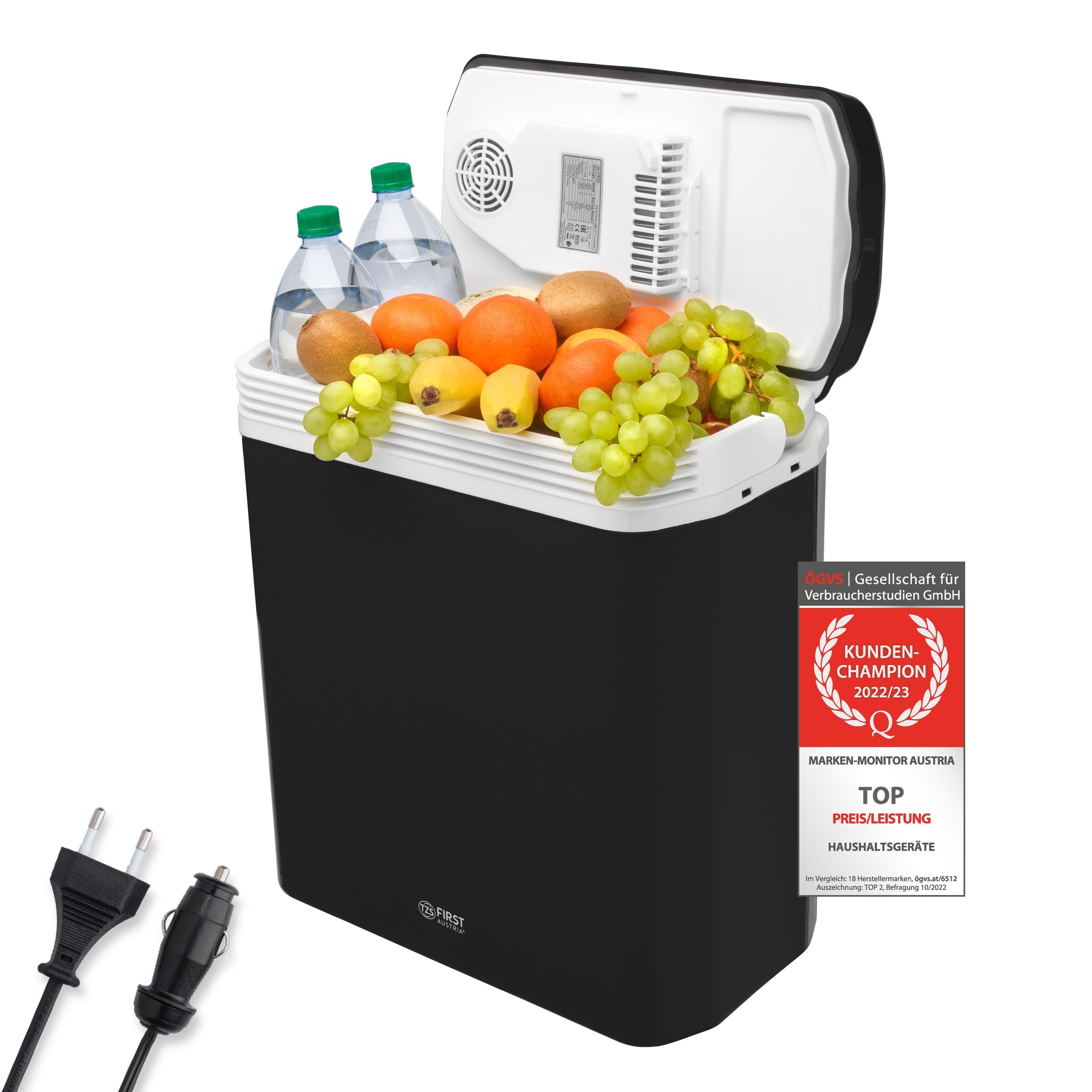 TZS FIRST AUSTRIA Elektrische Kühlbox elektrische Kühlbox, 24L, 12V /230V Anschluss, 12-V-Stecker fürs Auto, für Camping, Festivals, Reisen, mit Kühl- und Warmhaltefunktion