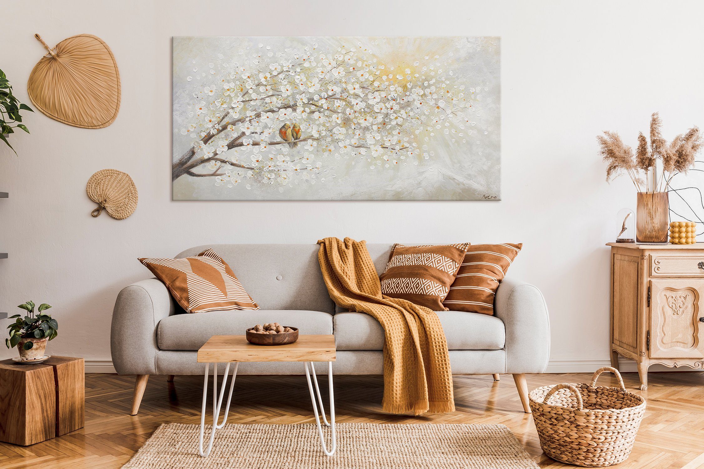 YS-Art Gemälde Sonnenaufgang, Natur, Leinwand Bild Handgemalt Zwei Vögel auf dem Baum Sonnenschein