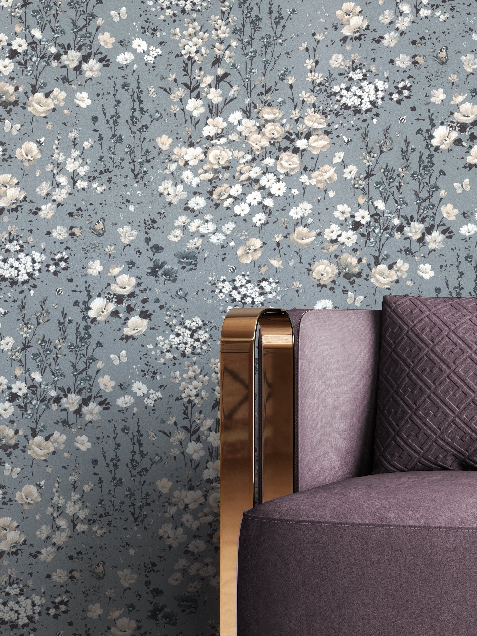 Newroom Vliestapete, Grau Tapete Landhaus Blumen - Blumentapete Beige Anthrazit Romantisch Floral Blüten Wiese für Wohnzimmer Schlafzimmer Büro