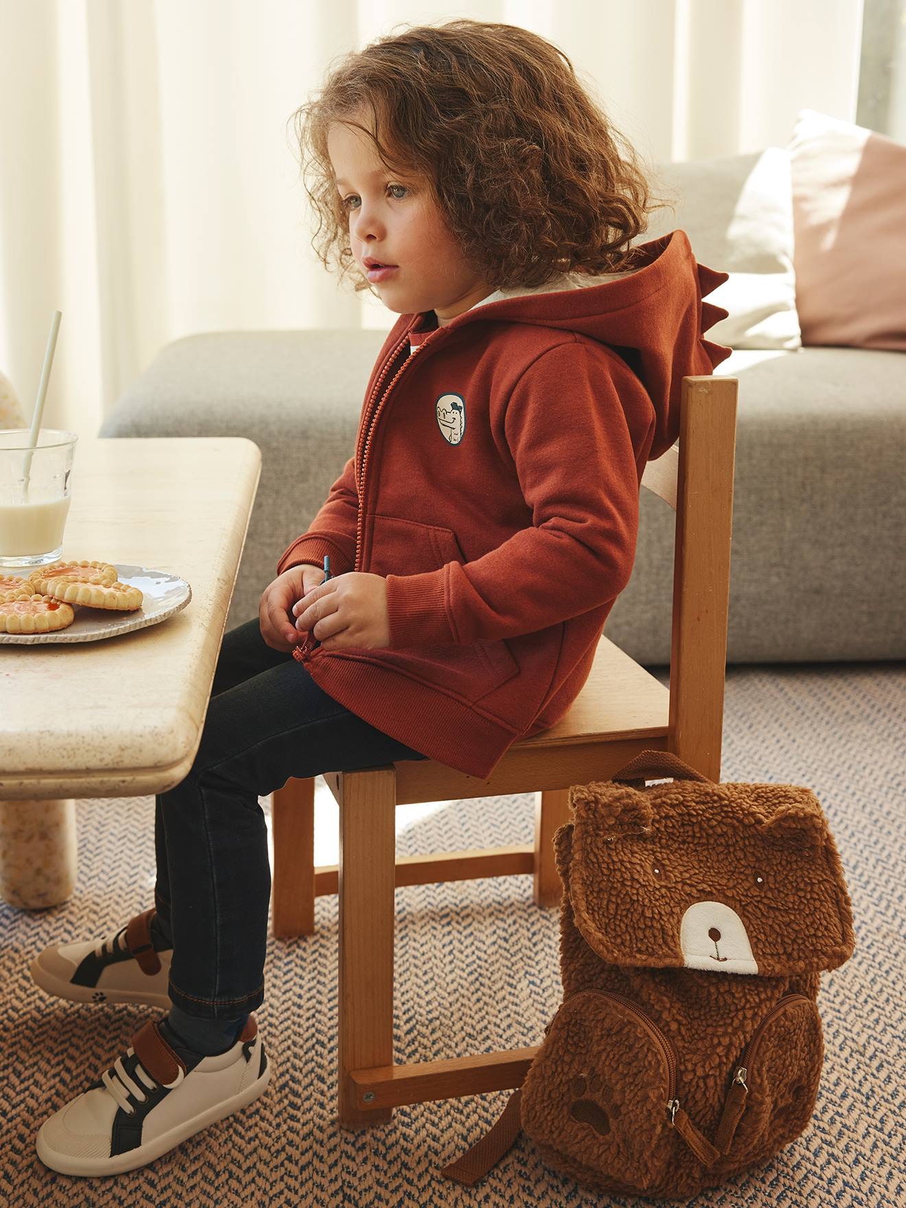 Sweat zippé avec capuche à crête noisette