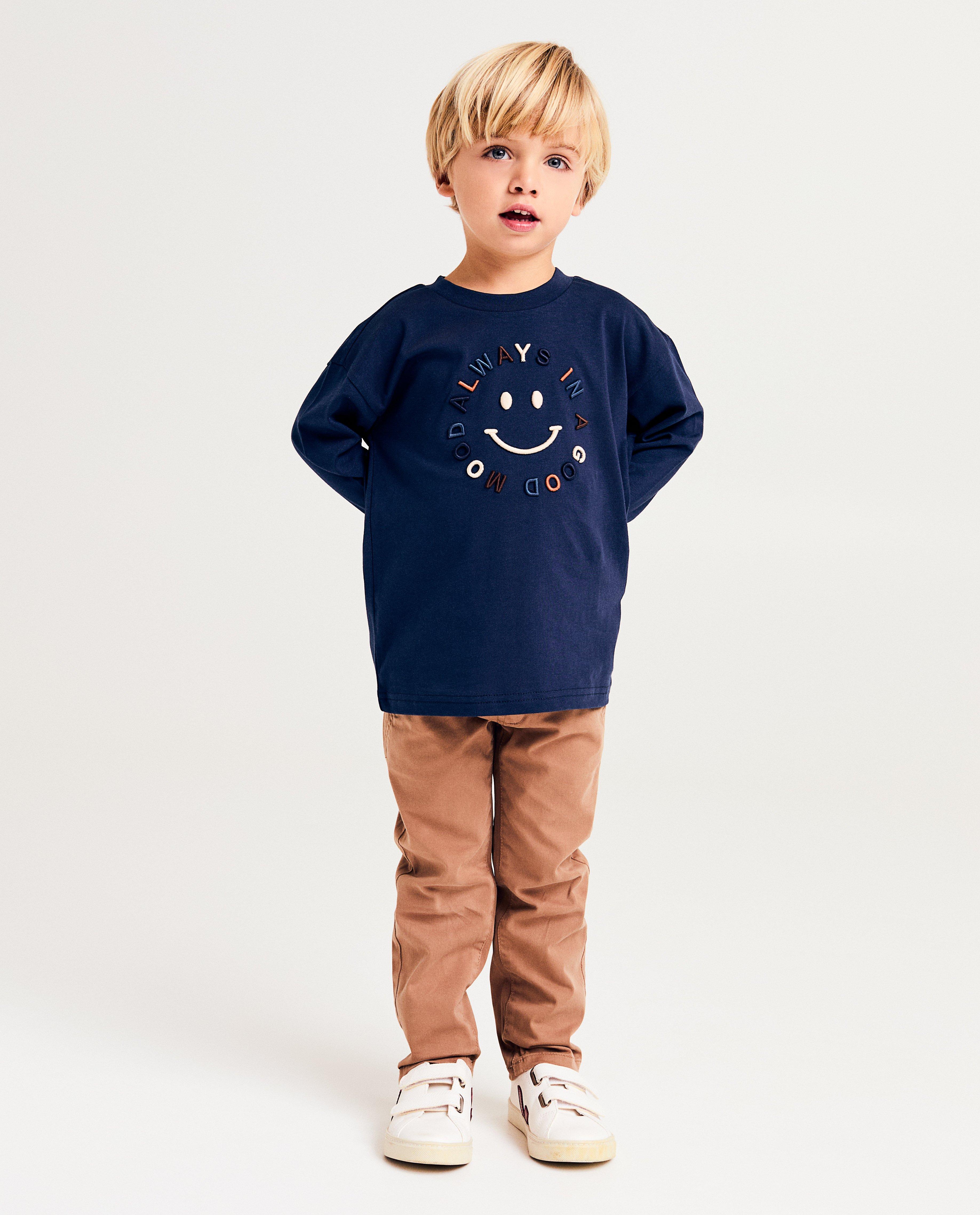 Tricou cu mânecă lungă Kidz Nation cu zâmbet brodat albastru închis