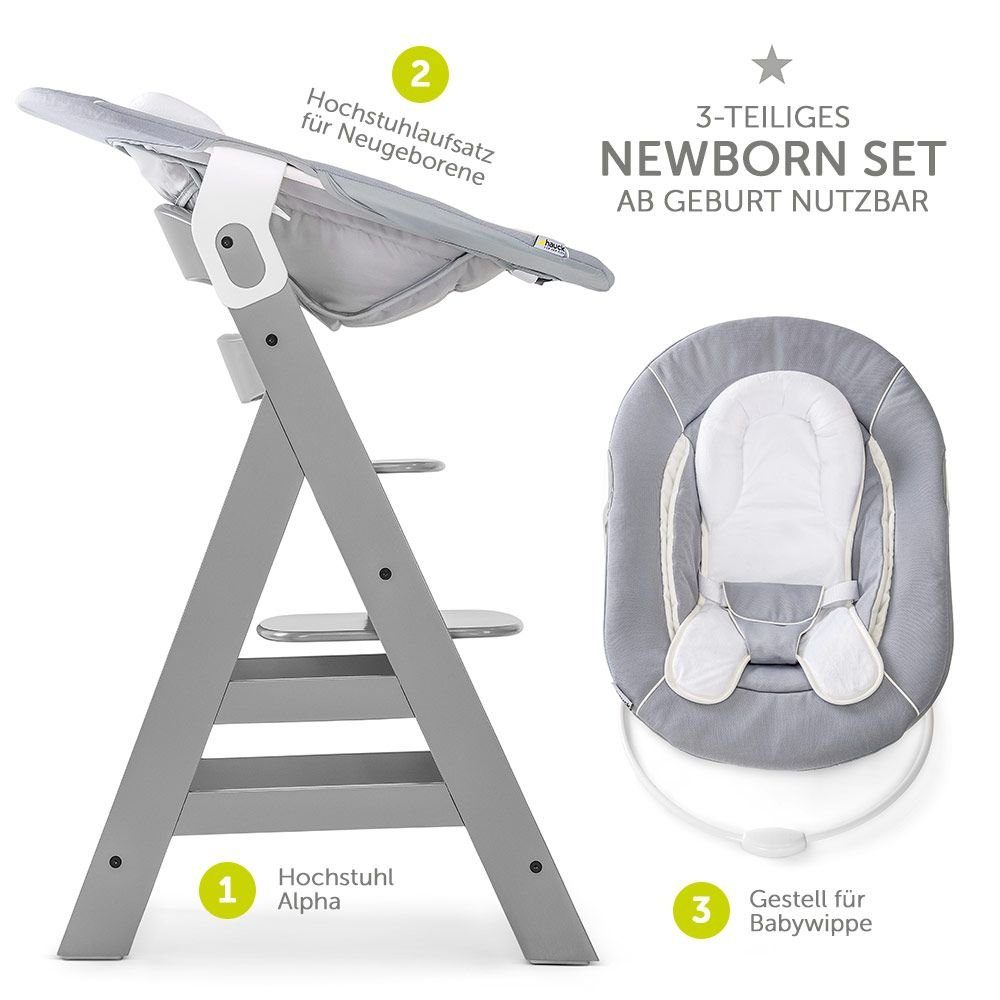 Hauck Hochstuhl Alpha Plus Grey - Newborn Set (Set, 4 St), Holz Babystuhl ab Geburt mit Aufsatz für Neugeborene höhenverstellbar