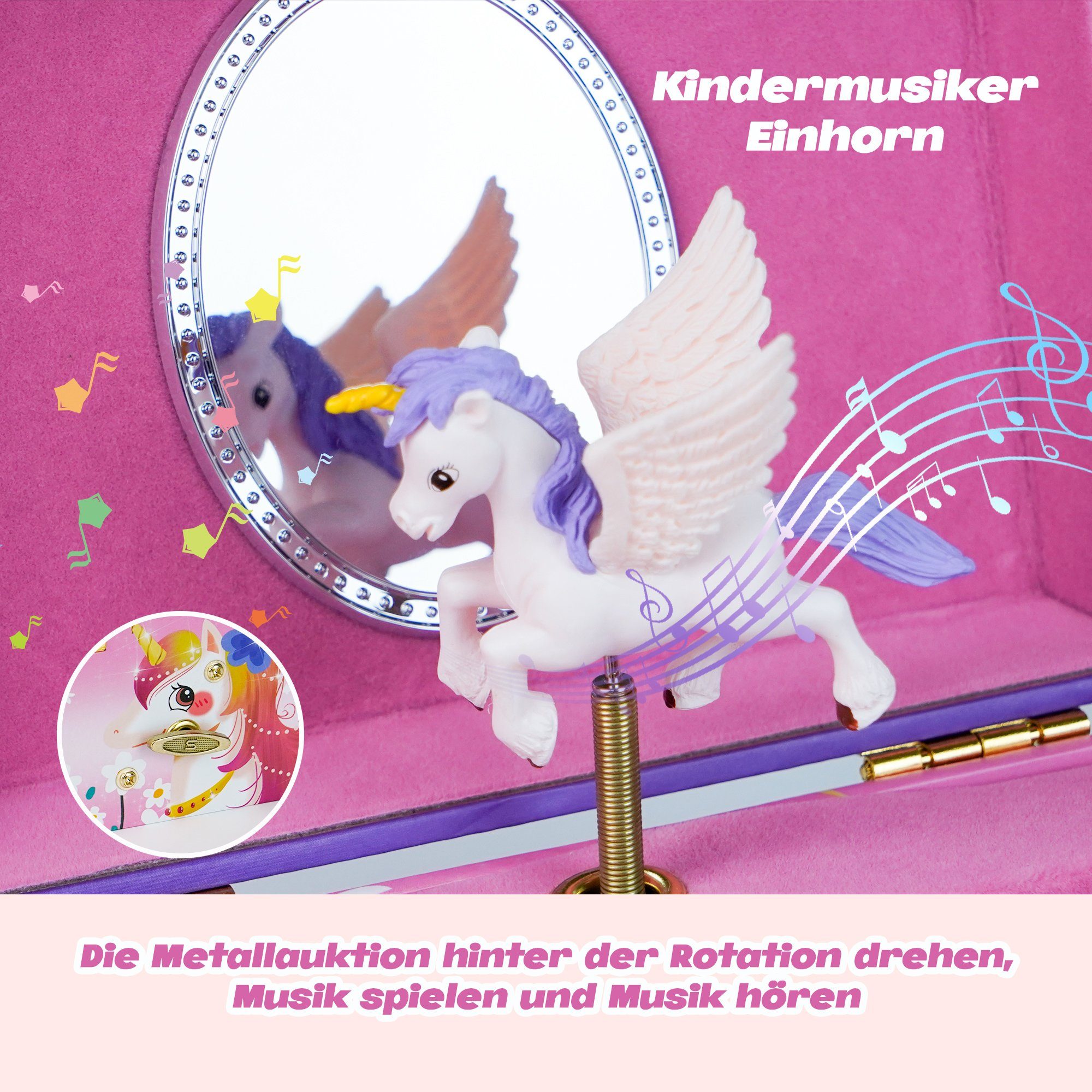 AdelDream Schmuckkasten Musik-Aufbewahrungsbox mit Einhorn Engelsflügeln
