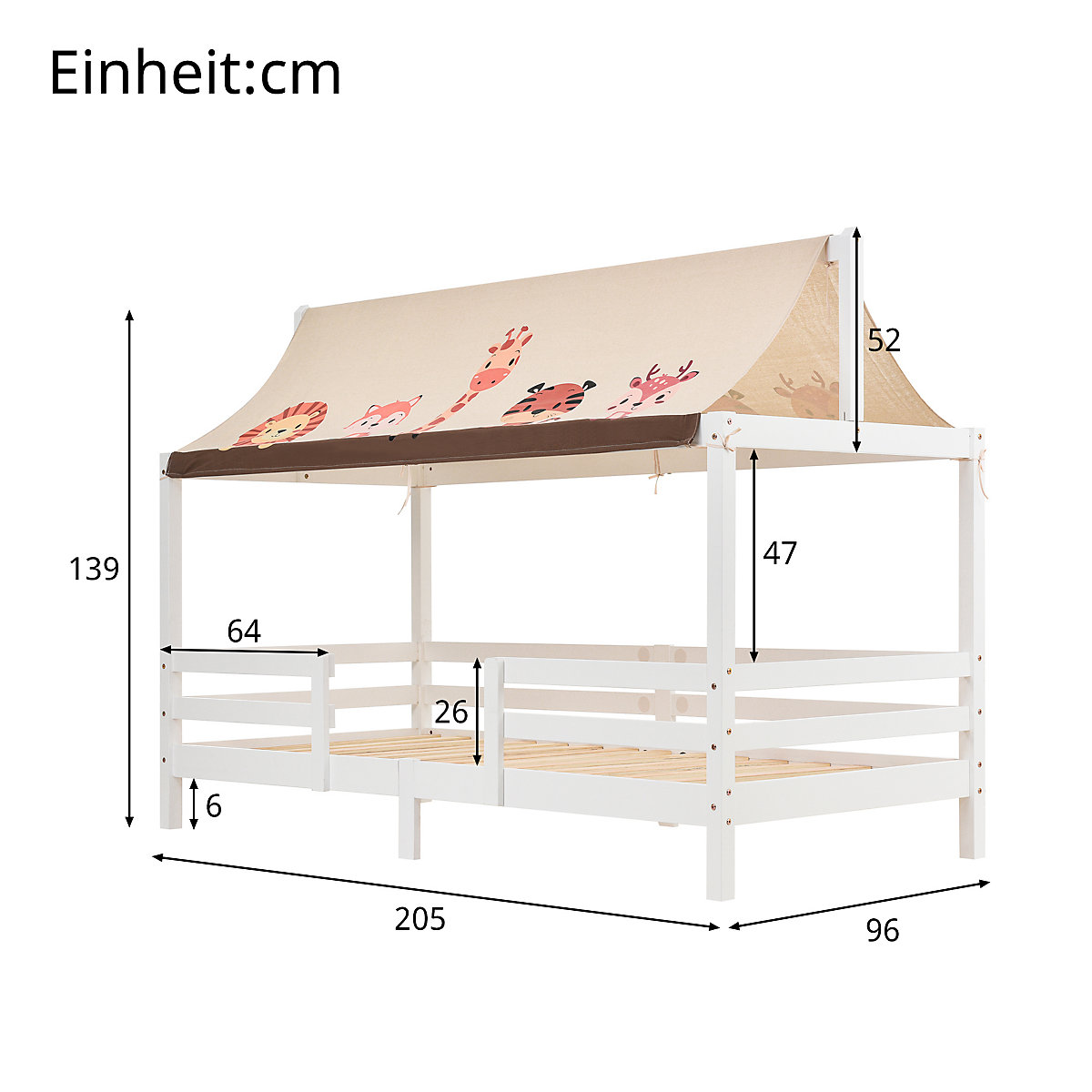 Hausbett 90x200 cm mit Stoffzeltaufsatz und Rausfallschutz