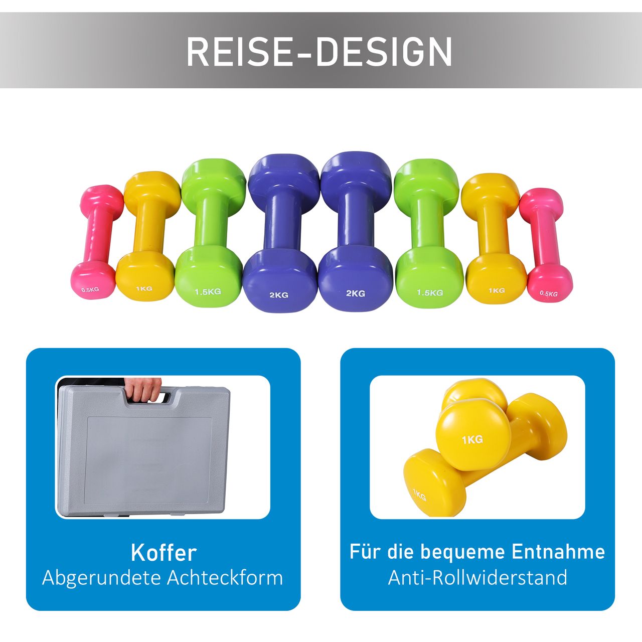 HOMCOM Hantelset Kurzhantel Set mit Koffer Tragbar 4 Hantelpaare 0,5 kg/1 kg/1,5 kg/2 kg für Zuhause und Fitnessstudio Eisen Kunststoff 41 x 30 x 8 cm