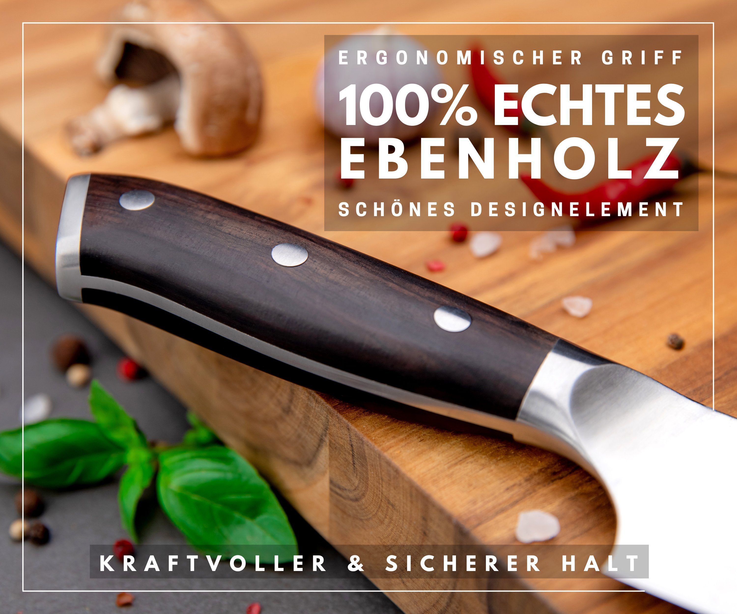 Hannah's Homebrand Kochmesser rostfreies Kochmesser extra scharf - Chefmesser mit Holzgriff, 21 cm Klinge, Holzgriff