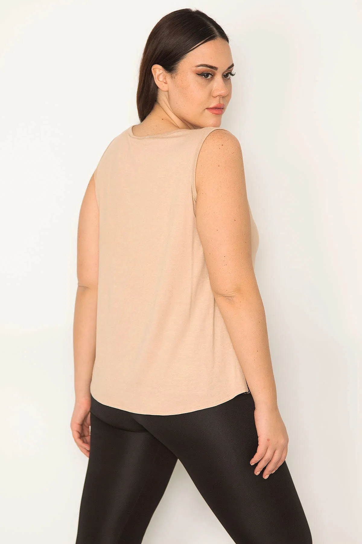 Şans  Damen-Bluse, große Größe, Beige, Garni, ärmellos, ärmellos, 65n18014