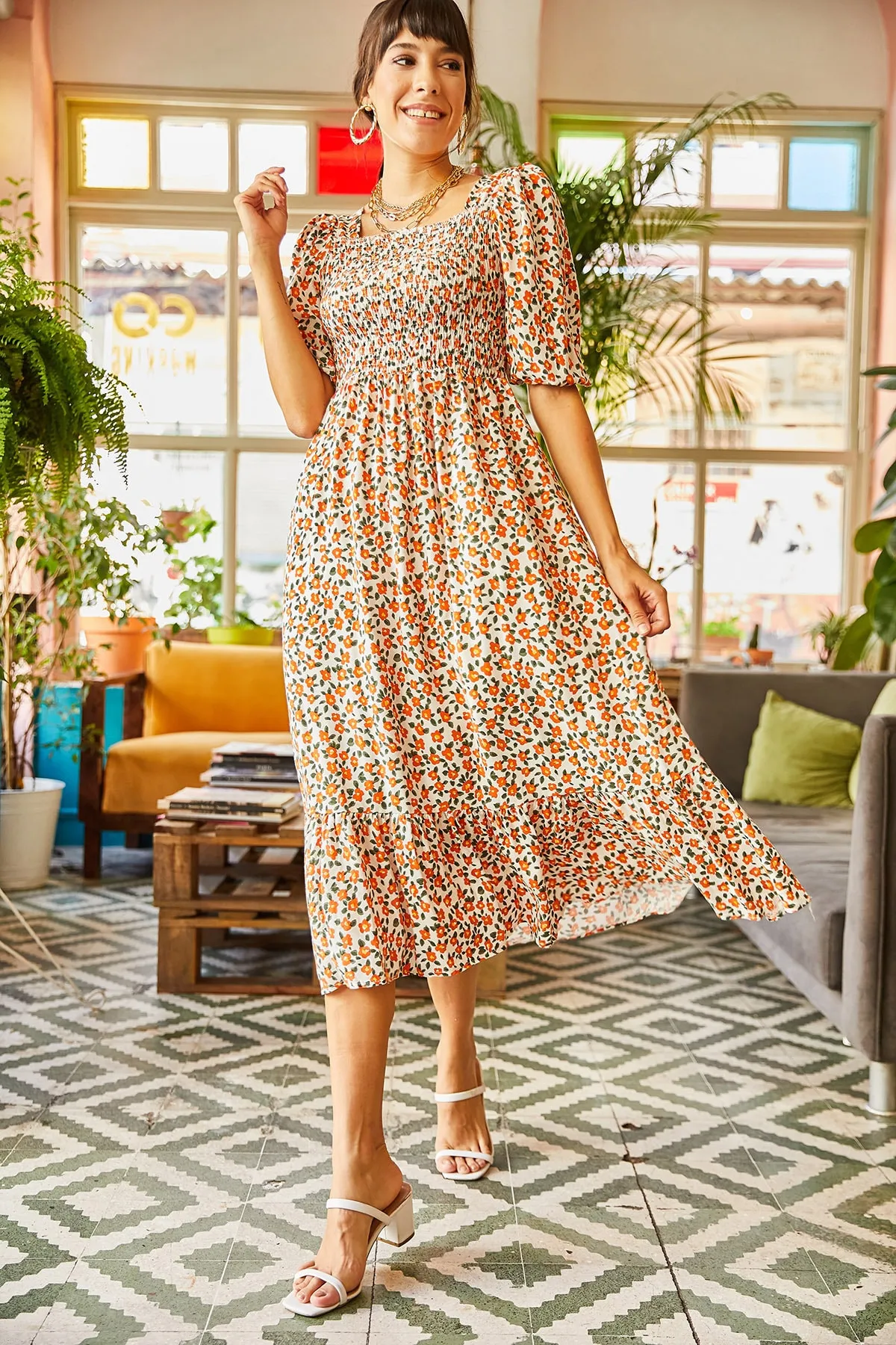 Olalook  Ecru Orange Gimped Lässiges Kleid aus gewebter Viskose für Damen ELB-19001483