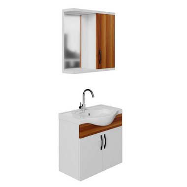 Karen Badezimmer-Set Mercan, (Komplett-Set, Standartmäßig 3-Teilig (Unterschrank, Spiegelschrank, Waschbecken), Der Lieferumfang umfasst Unterschrank, Spiegelschrank und Waschbecken), Klassisches Design, Weidenholz Furnier, Bügelgriffe, ohne Softclos