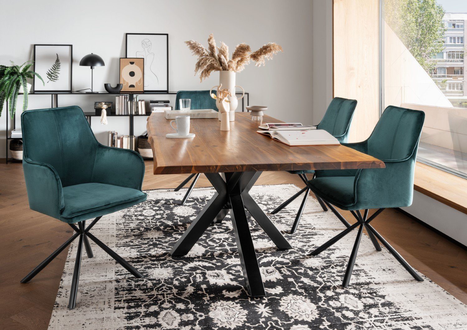 bene living Baumkantentisch Turin - 160 - 200 x 90 cm - Akazienholz, Massivholz - Gestell Kreuz-Form - 3,5 cm Tischplatte - Esszimmer, Büro
