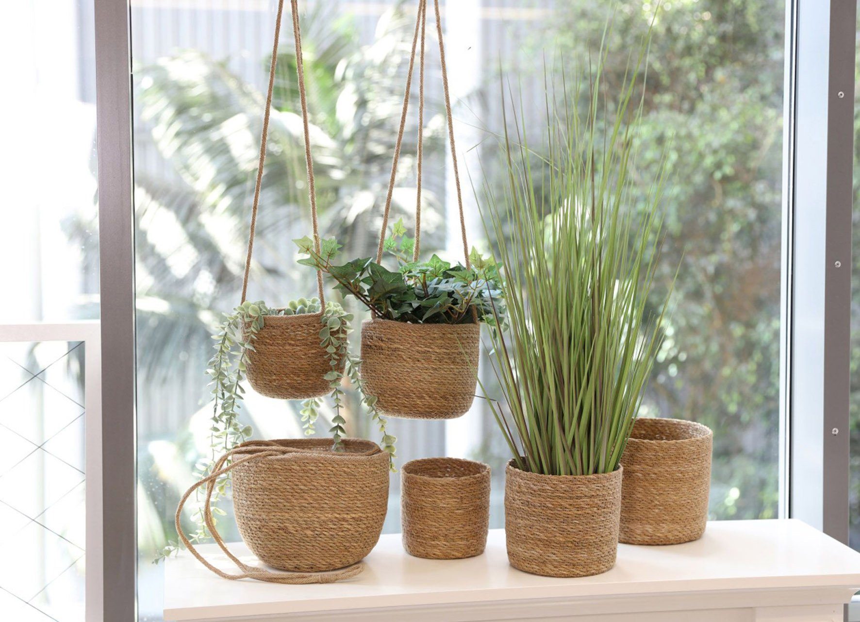 Spetebo Übertopf Seegras Blumenampel natur - 3er Set (Packung, 1 tlg), Geflochtene Boho Chic Blumentöpfe