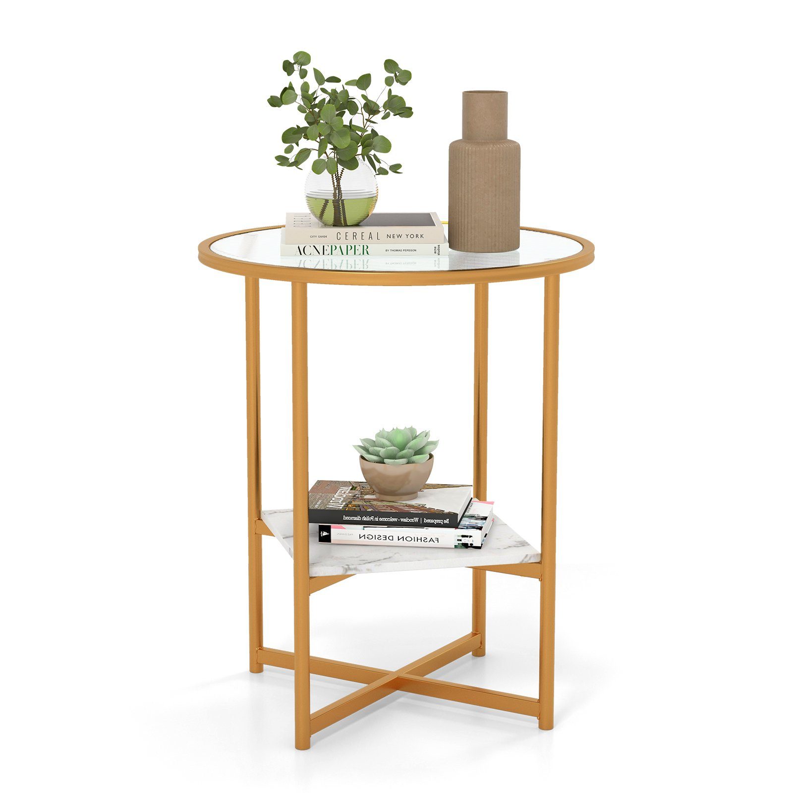 COSTWAY Beistelltisch, rund, mit gehärtetem Glas & Ablage aus Marmor, gold