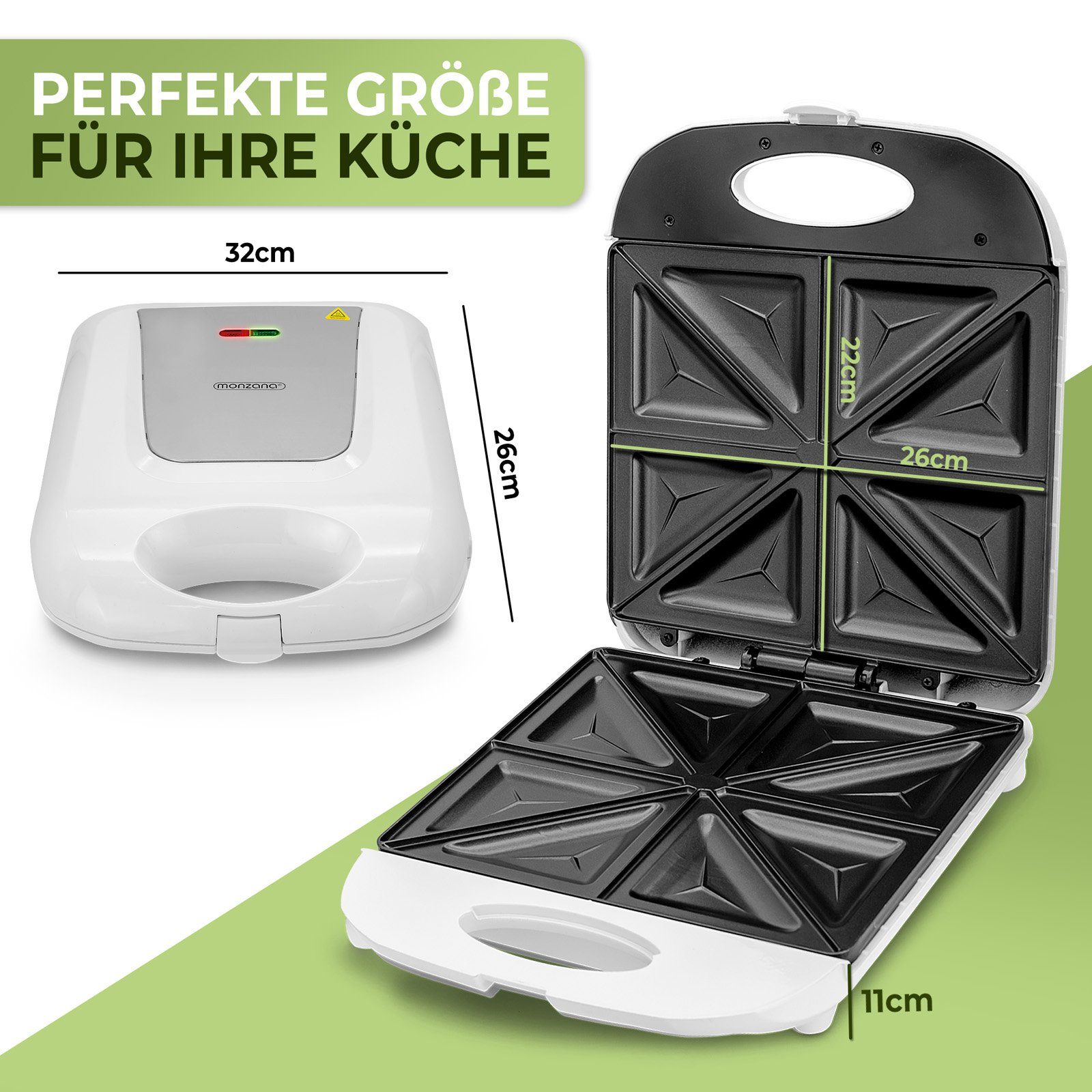 monzana Sandwichmaker, 1000 W, 4er XXL Antihaftbeschichtung Cool-Touch-Griff 1400W BPA-frei