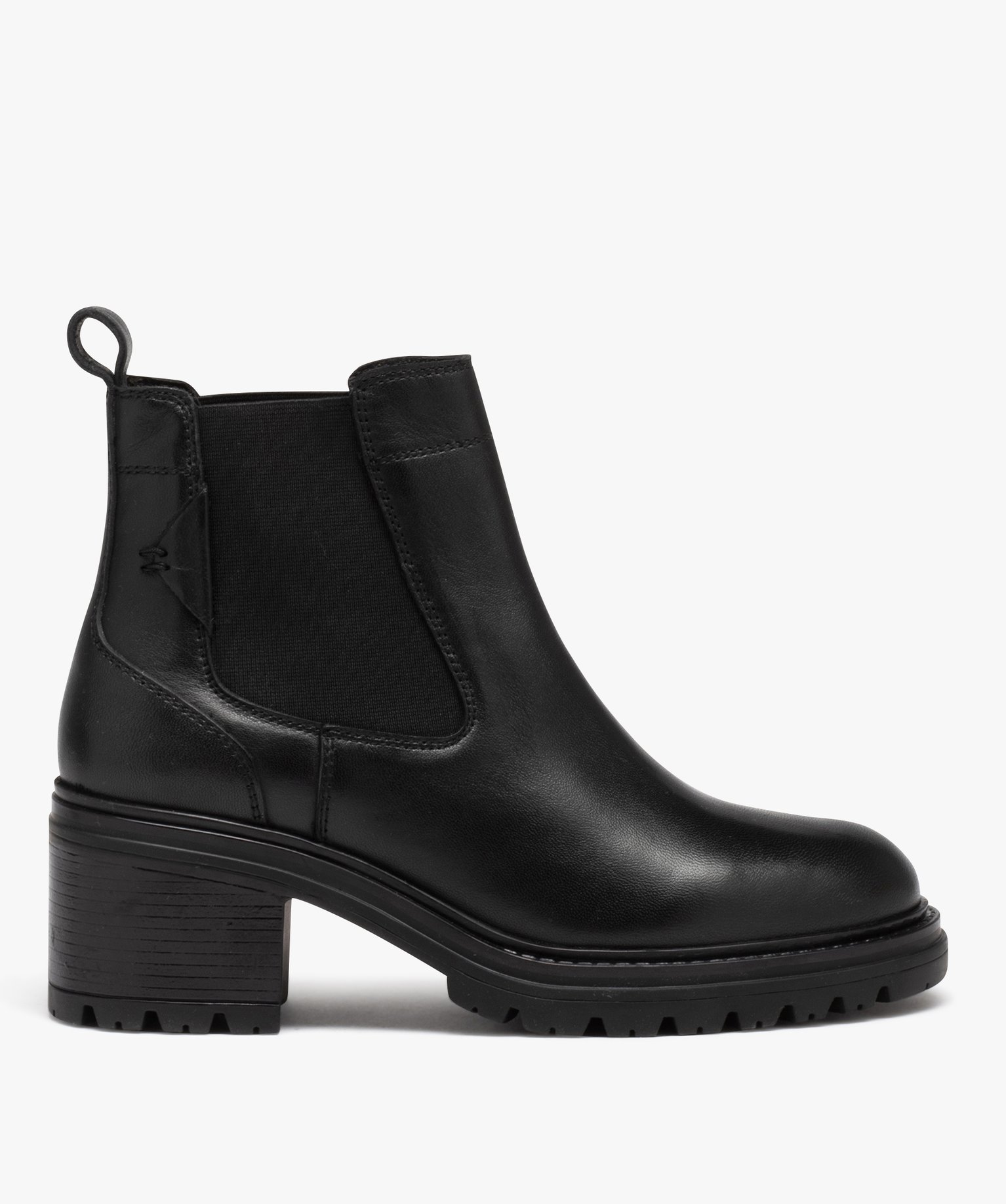 Boots femme à talon en cuir uni style Chelsea noir | GEMO