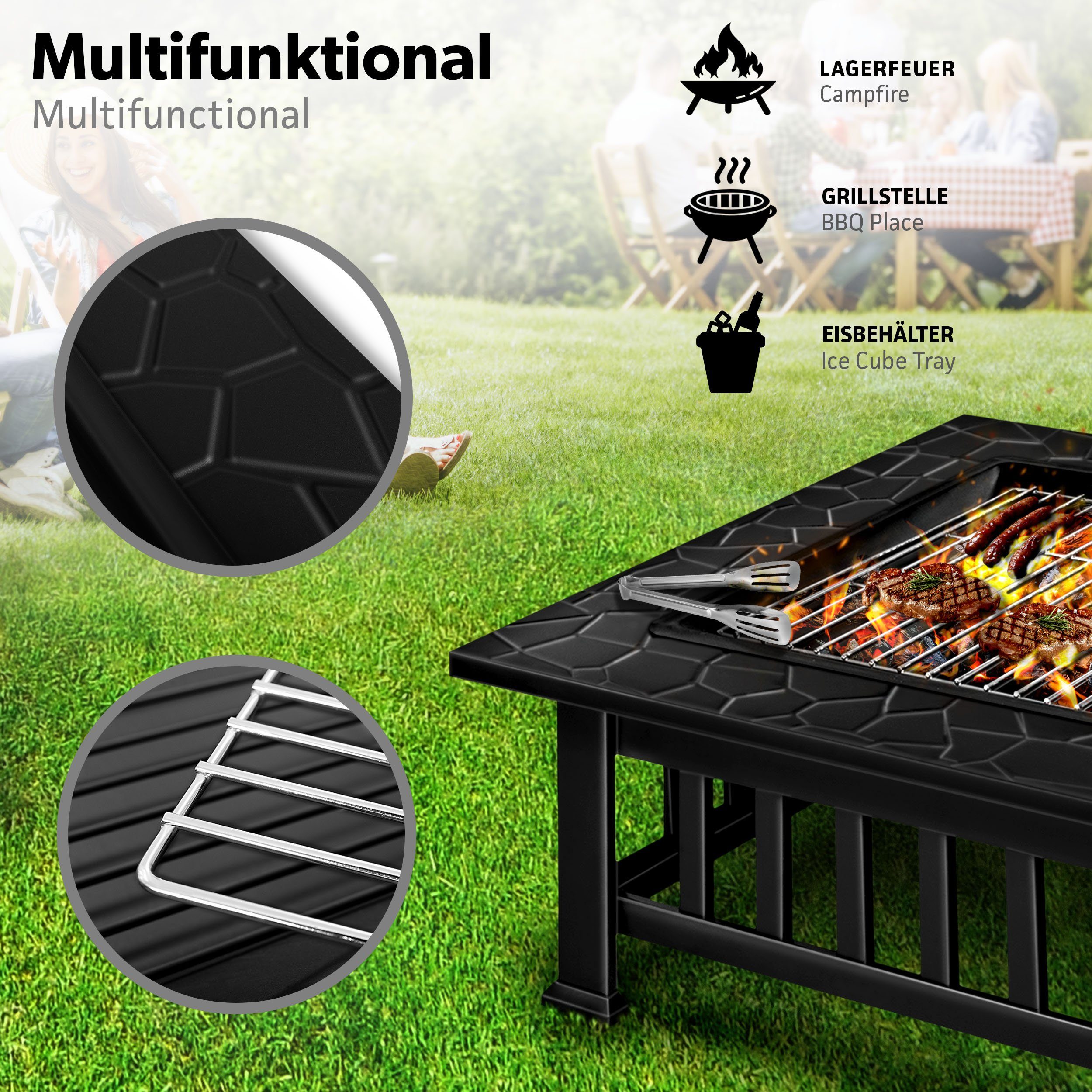 tillvex Feuerschale Feuerkorb 3 in 1 mit Funkenschutz Grill Feuerstelle mit Abdeckung, (Feuerstelle), mit Funkenschutz & Grillrost, Outdoor für den Garten, BBQ Grill