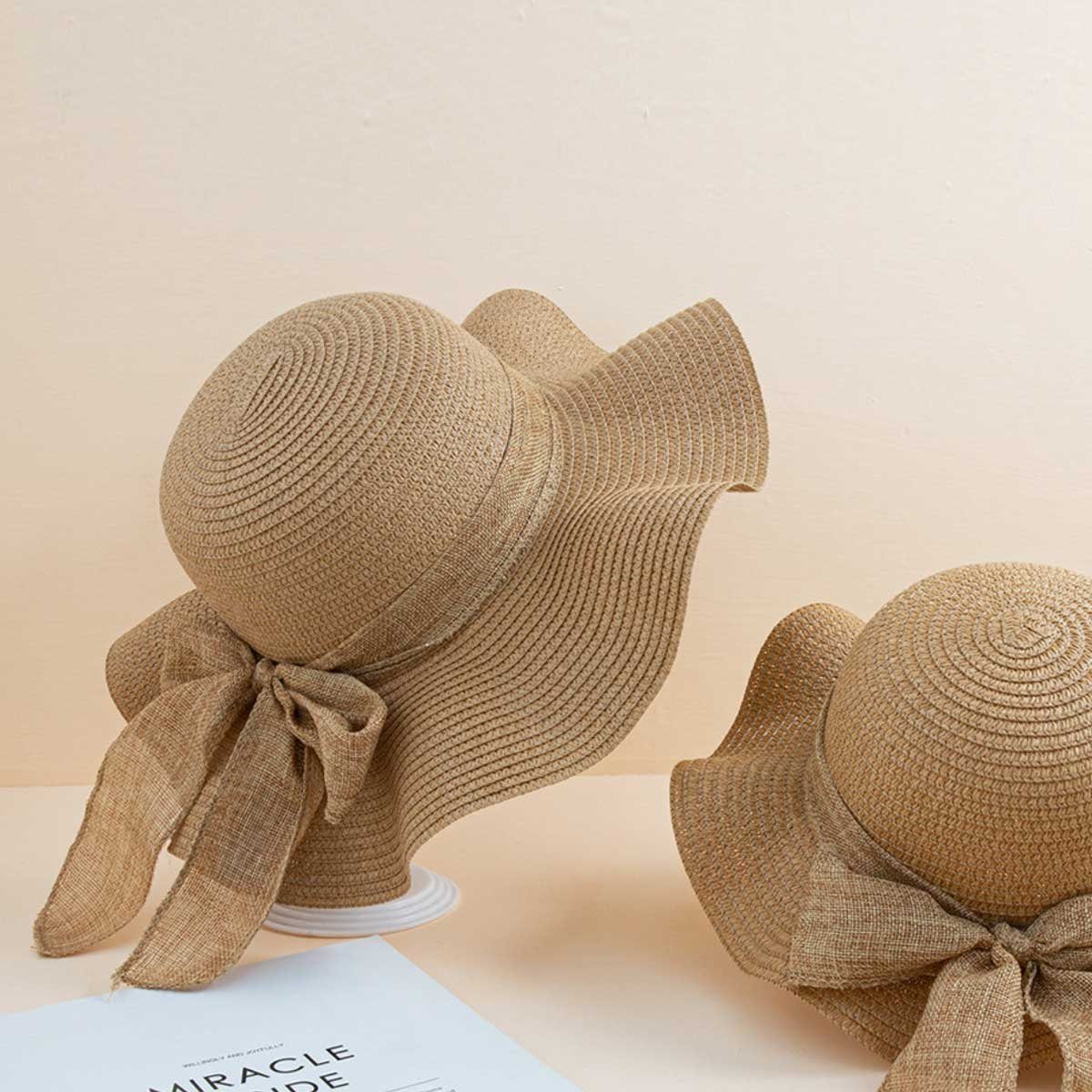 Vivi Idee Strohhut Sonnenhut Sommerhut Strandhut Straw hat, Damen faltbar, Einheitgröße wellenförmiger Rand