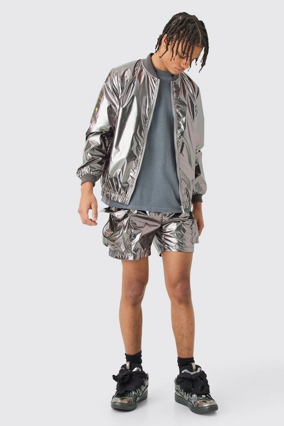 Metallic-Set mit Regenjacke und Cargo-Shorts