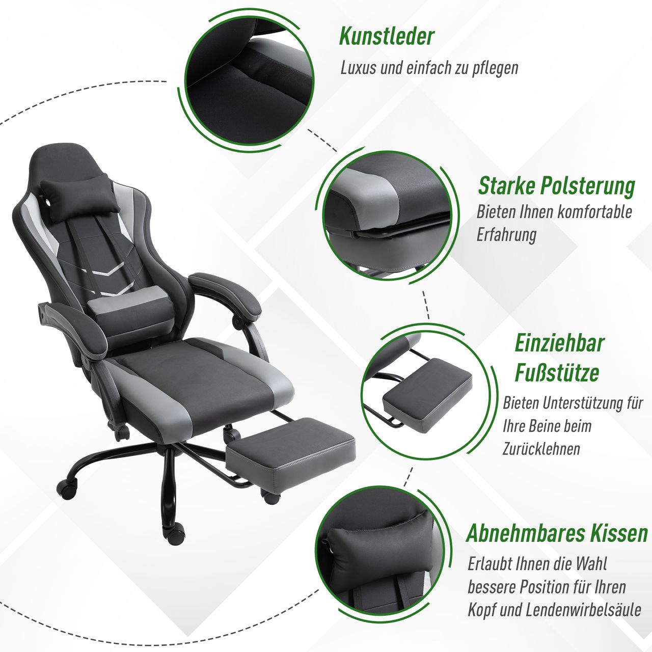 Vinsetto Ergonomischer Gaming Stuhl Bürostuhl Schreibtischstuhl, Drehstuhl Höhenverstellbar, Verstellbares Massage Lendenkissen mit Fußstützen Schwarz 62x52x128 cm