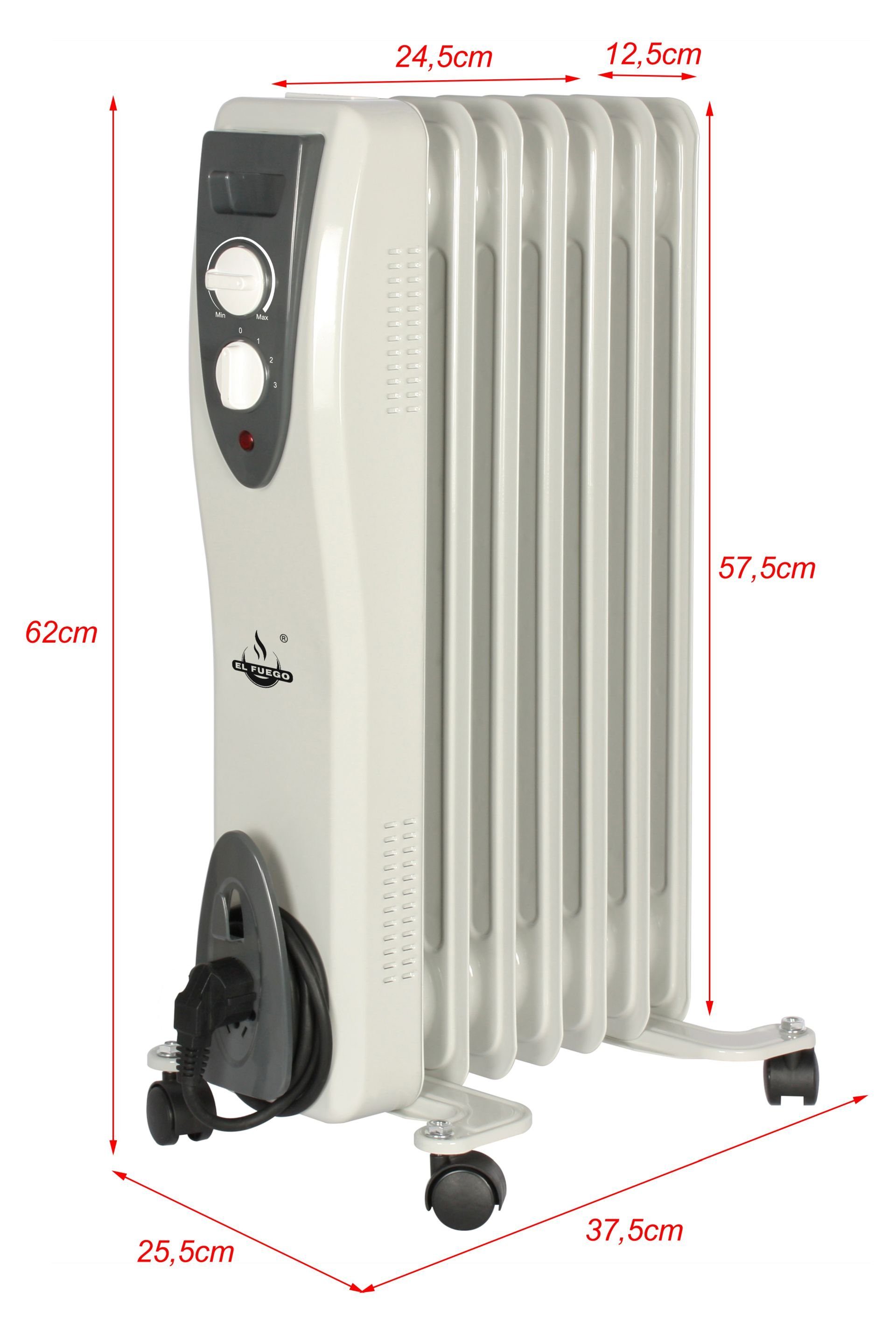 El Fuego Elektro-Heizkörper AY7014, Mobiler Ölradiator 7 Rippen, weiß, 1500W, regelbar