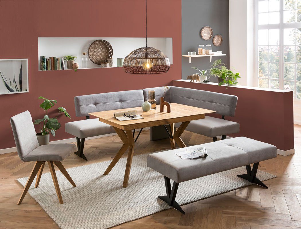 expendio Eckbankgruppe Gerwin 1XL, (komplette Tischgruppe, Spar-Set, 4-tlg), Tisch Gerwin Eiche rustikal + Eckbank + Bank Eda 3 + Stuhl Caja Gray
