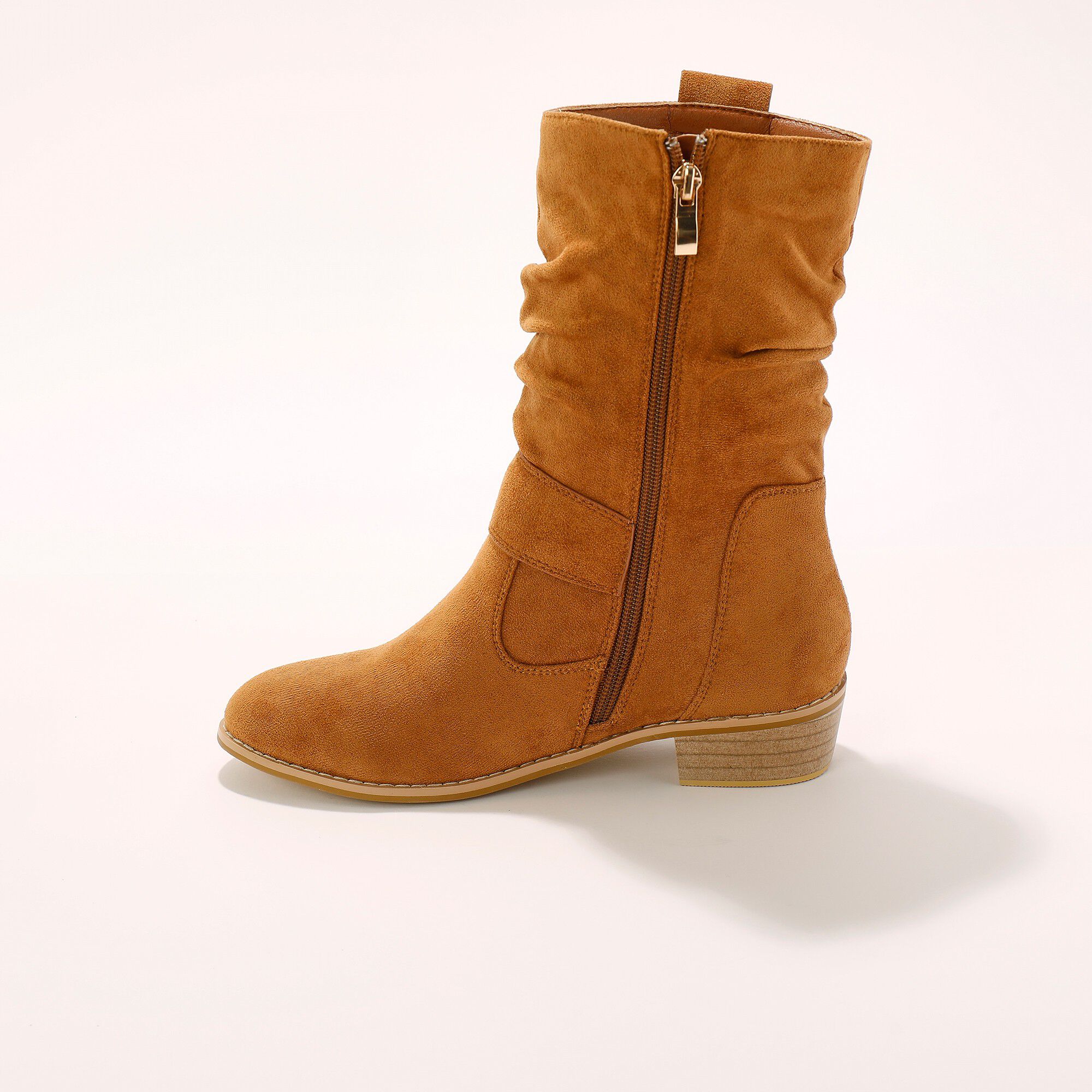 Bottes mi-hautes plissées à petit talon effet bois