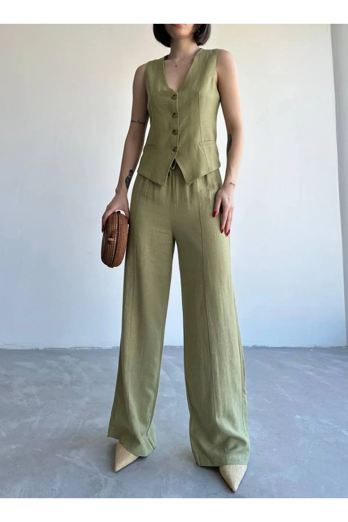 Laluvia  Khakifarbenes Lavin-Westen-Hosen-Set aus 100 % Baumwollleinen