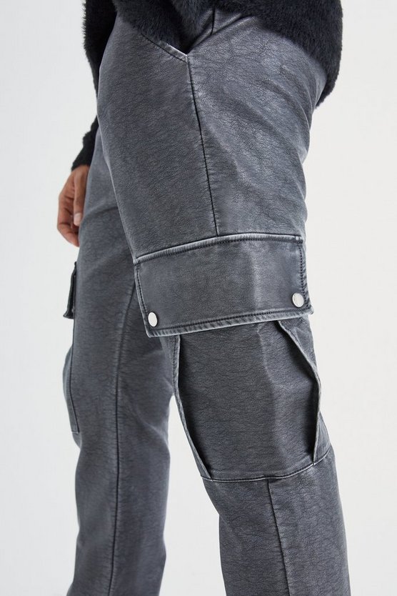 Slim-Fit PU Cargo-Schlaghose mit Druckknöpfen