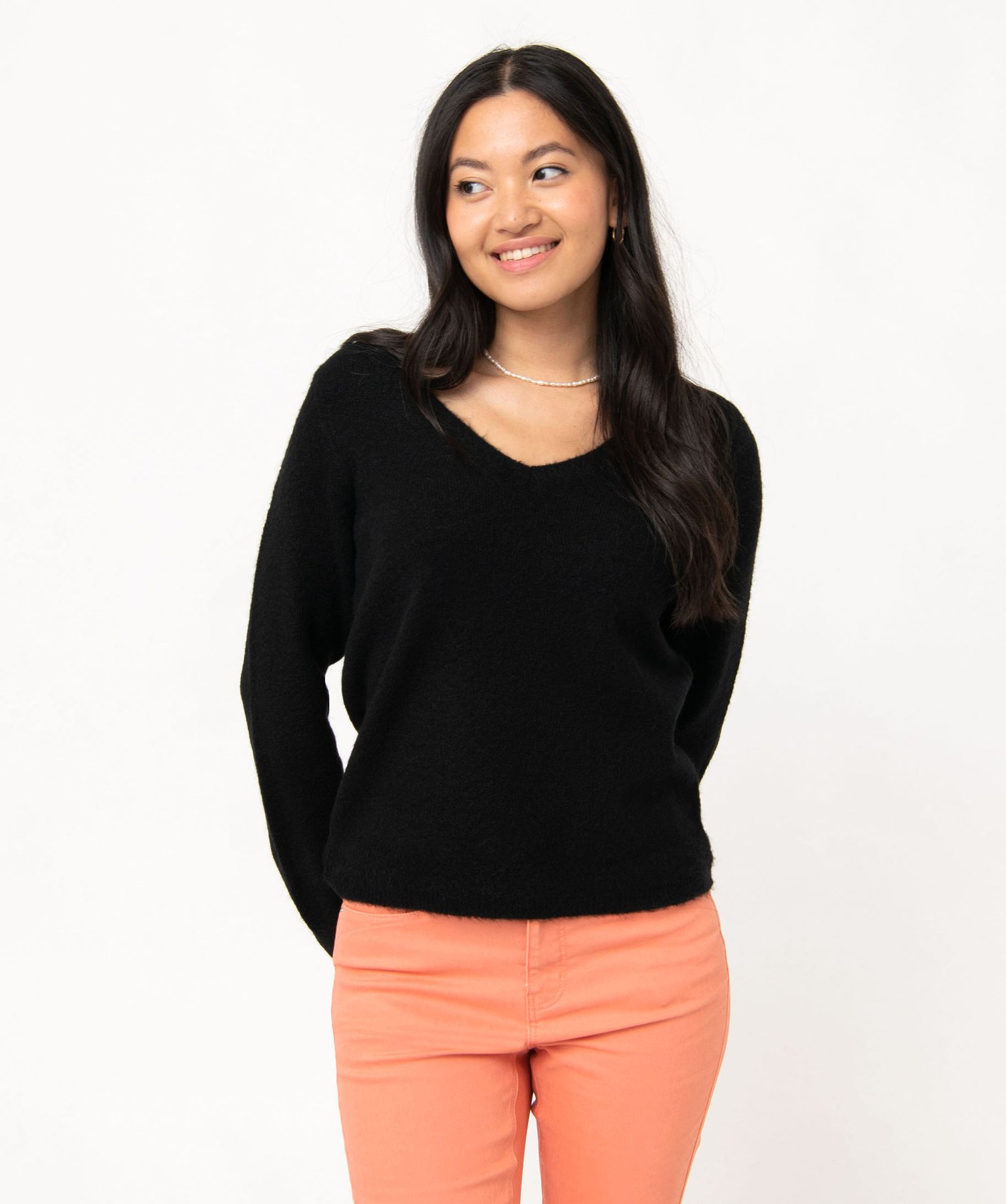 Pull femme à grand col V fantaisie noir | GEMO