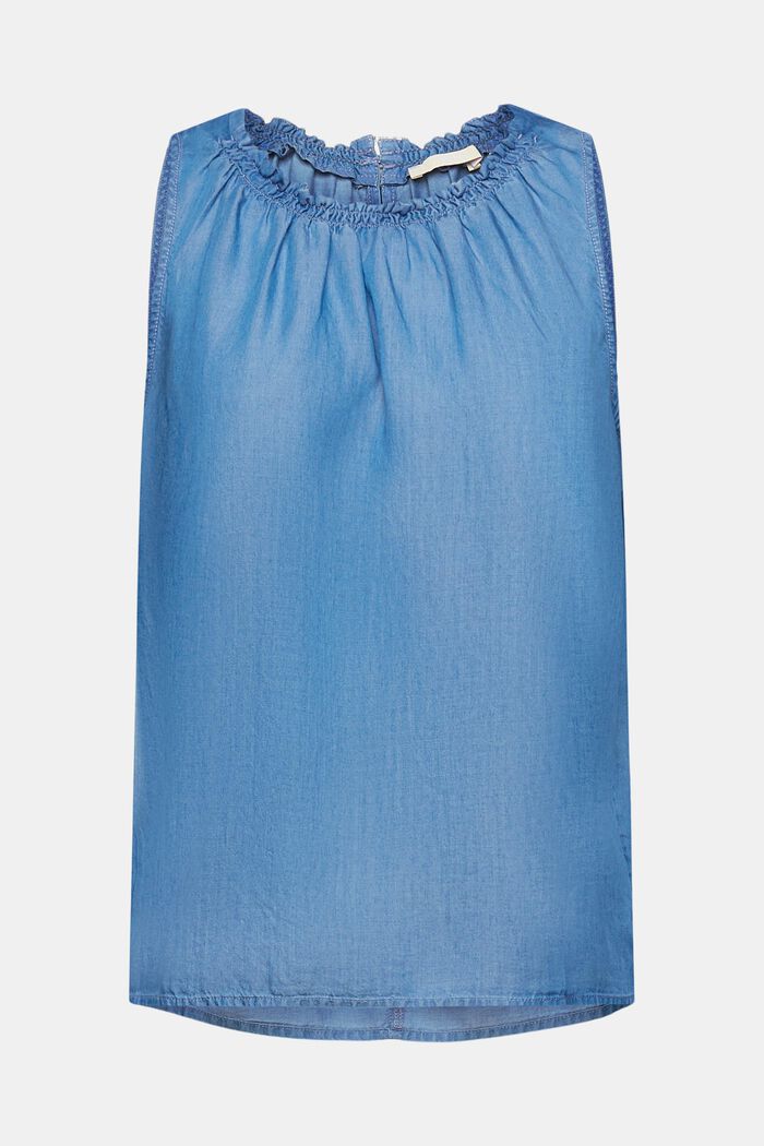 Ärmellose Bluse in Denim-Optik mit Rüschen