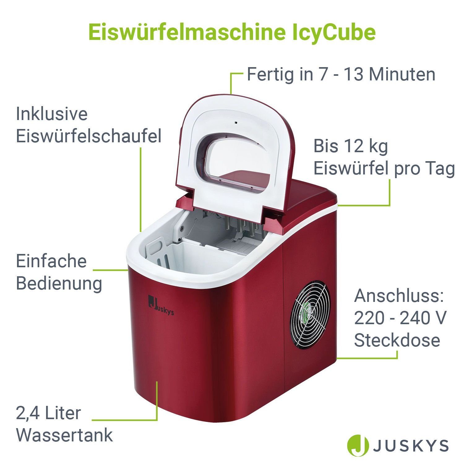Juskys Eiswürfelmaschine IcyCube, 12 kg in 24 h, großer Wassertank