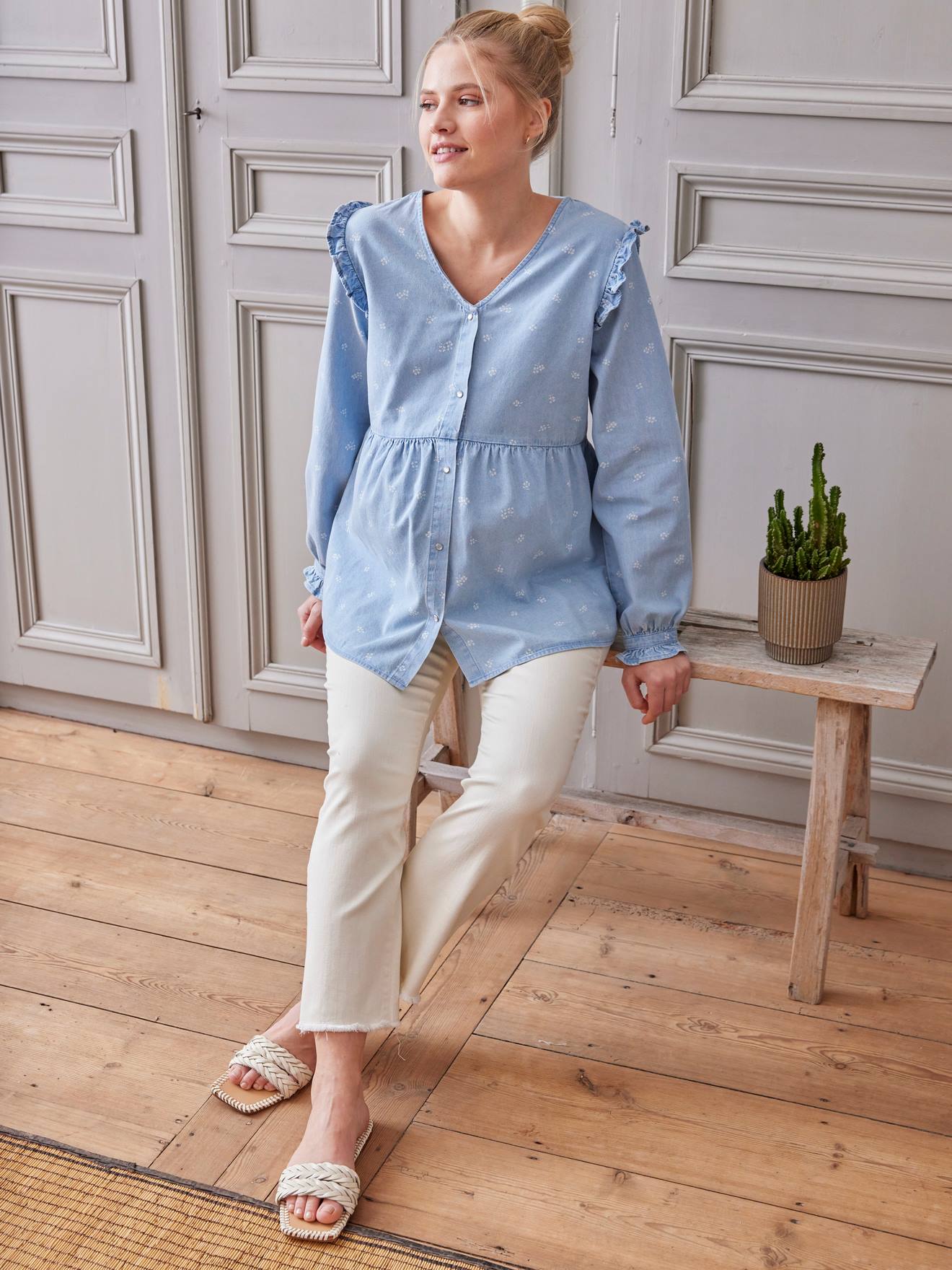 Blouse effet denim grossesse et allaitement imprimé fleurs double stone