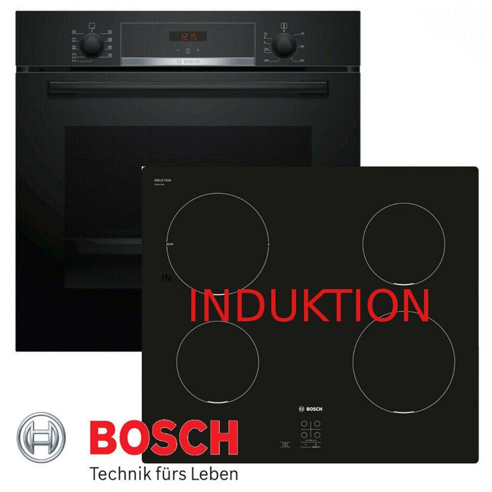 BOSCH Induktions Herd-Set Autark Einbau Backofen Schwarz und Kochfeld, mit 1-fach-Teleskopauszug