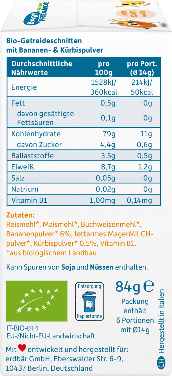 Babysnack Knusper-Schnitte Banane & Kürbis ab dem 8. Monat, 6x14g, 84 g