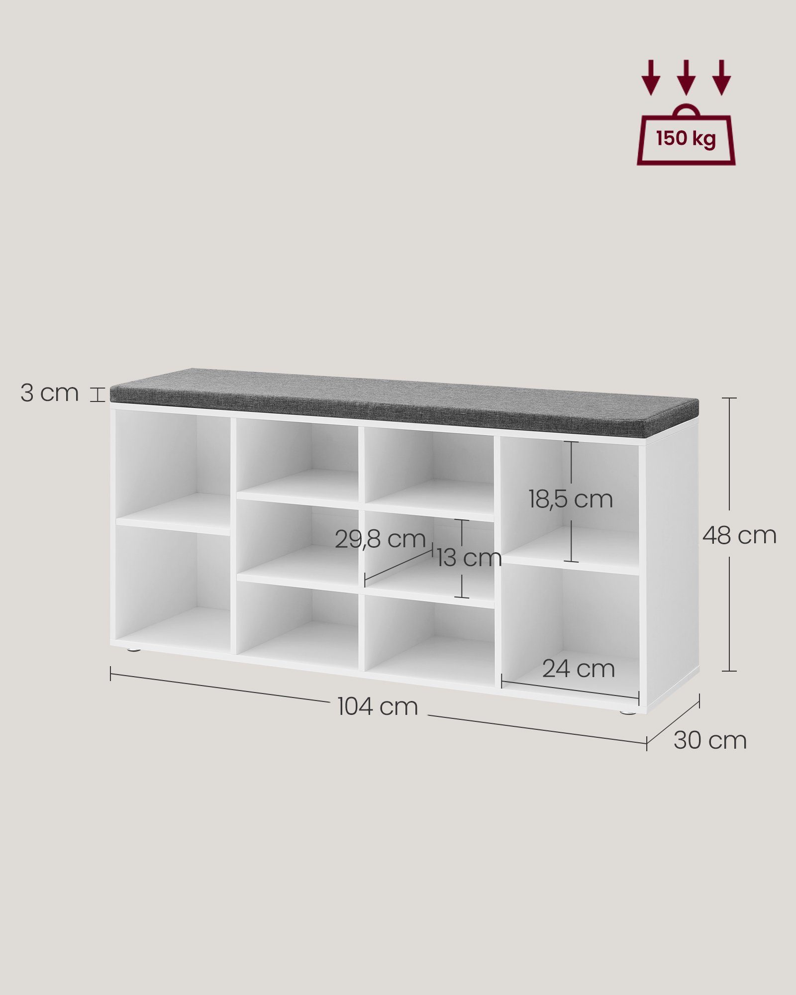 VASAGLE Schuhbank, Schuhregal, mit 10 Fächern, 104 x 30 x 48 cm