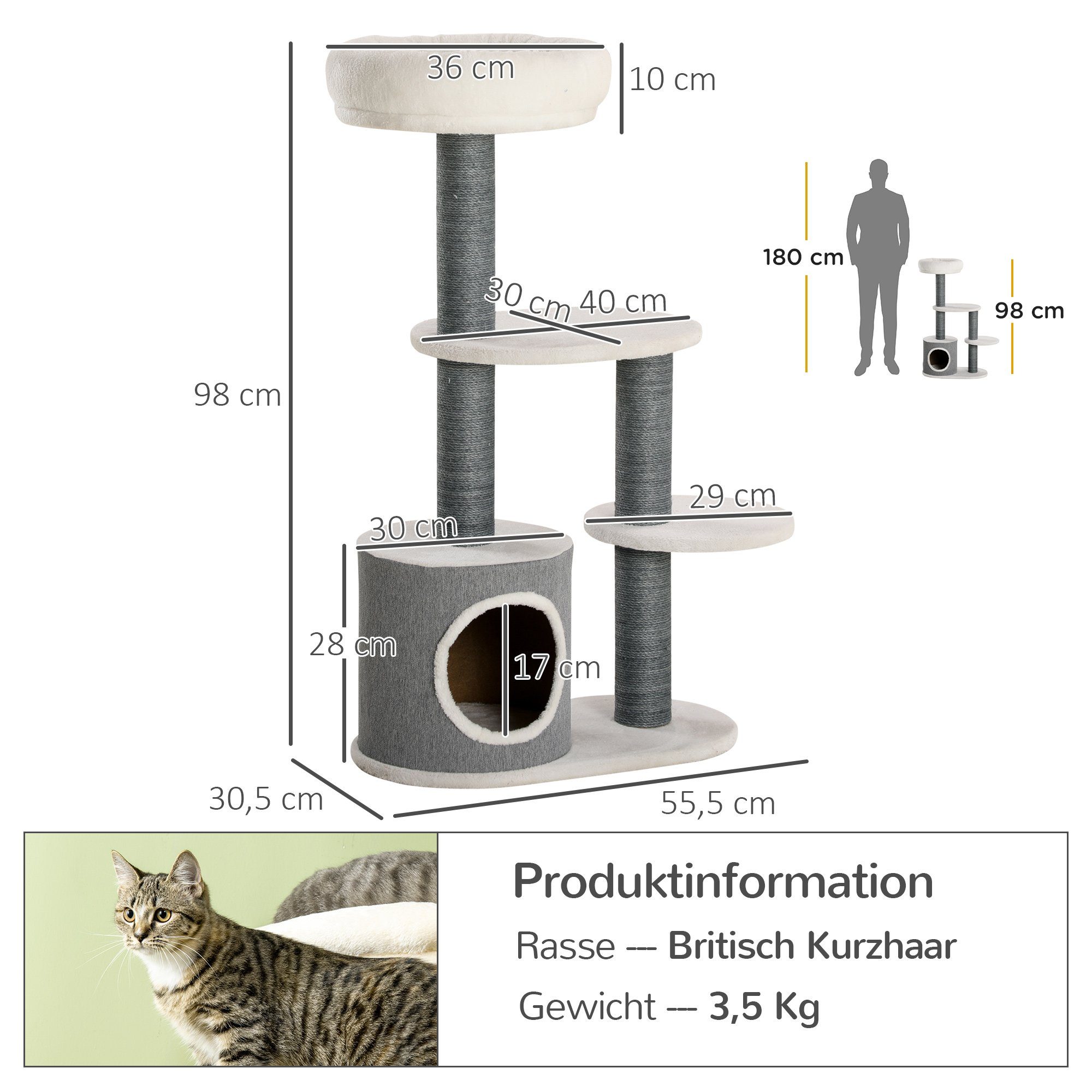 PawHut Kratzbaum Katzenkratzbaum mit Katzenhöhle, 3 Plattformen, Katzenmöbel, Grau+Weiß, 30.5B x 55.5L x 98H cm