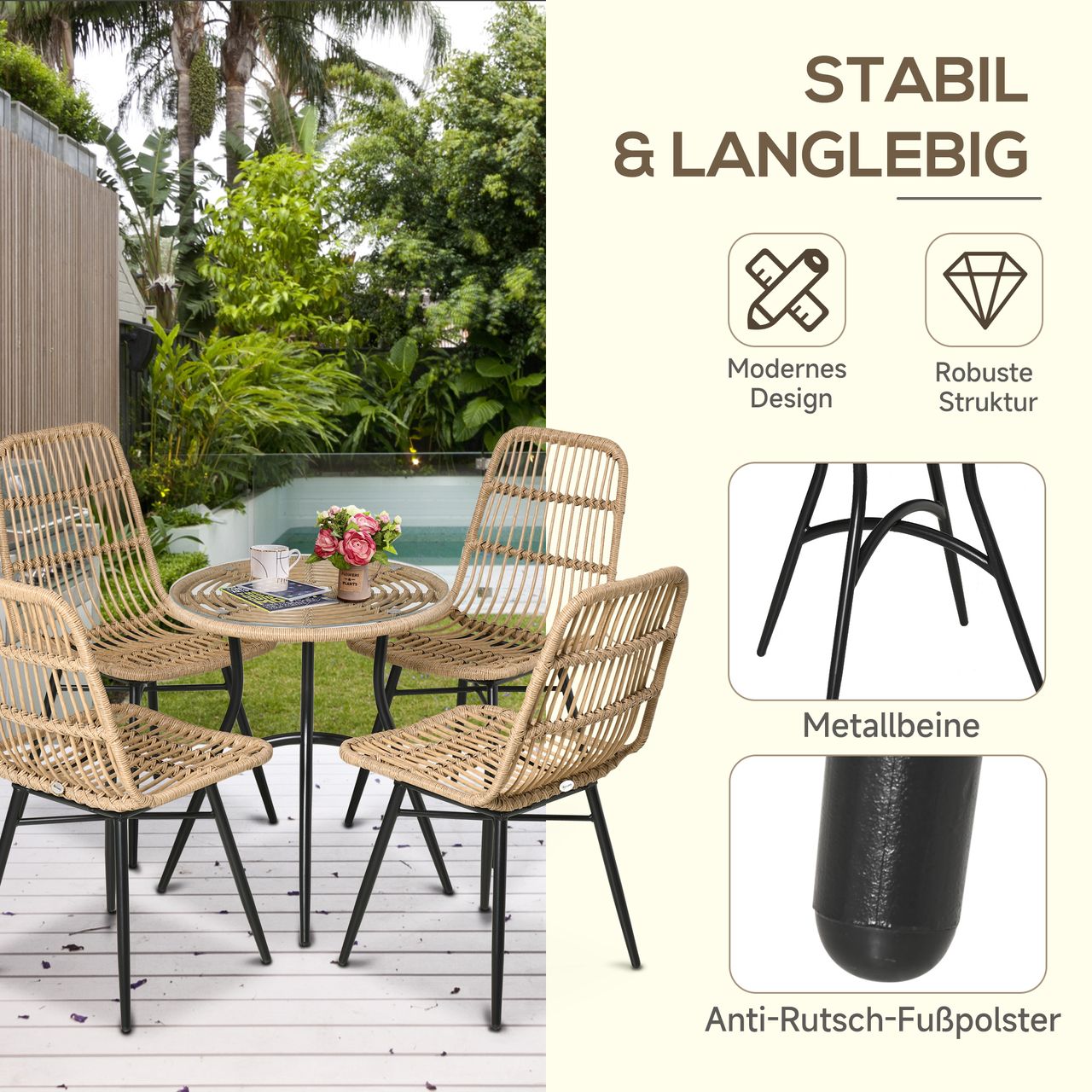 Outsunny 5-tlg. Polyrattan Gartenmöbel Set Essgruppe Esstisch mit 4 Stühlen Gartensitzgruppe mit Beistelltisch Gartenset Outdoor Metall Natur