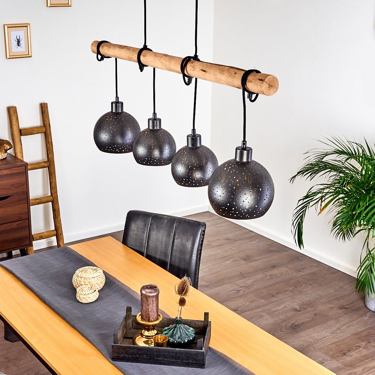 hofstein Pendelleuchte Nave 4-flammige Deckenlampe aus Metall in schwarz und kupferfarben, ohne Leuchtmittel, Vintage Look Pendellampe mit Holz in Natur, 4xE27