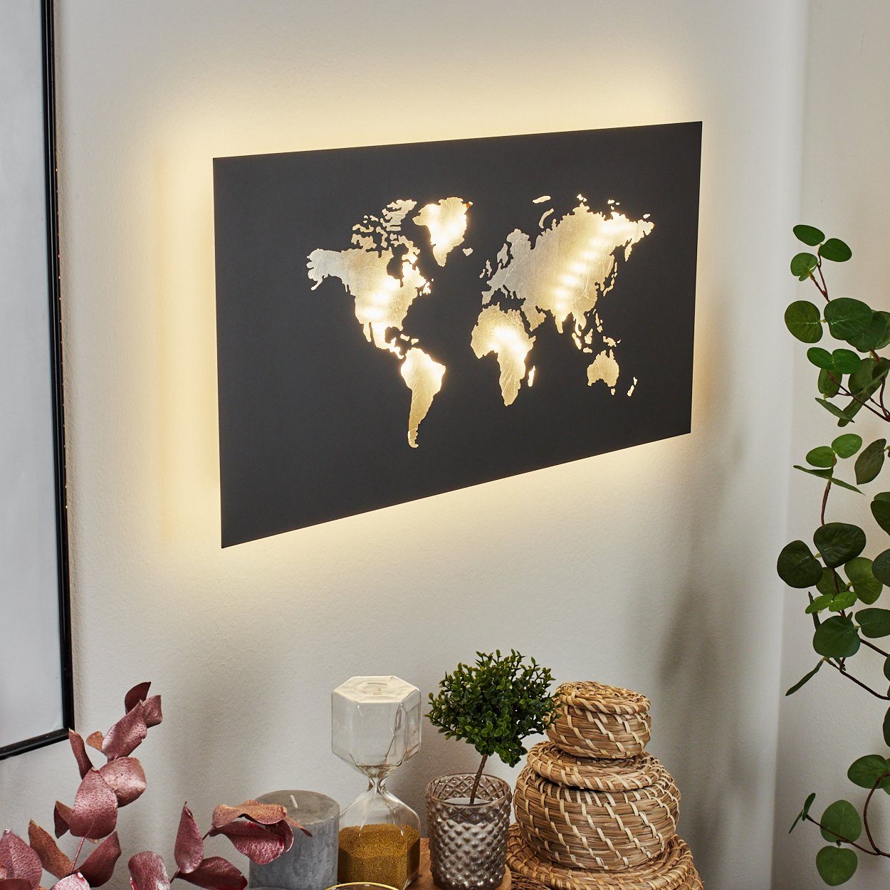 hofstein Wandleuchte Vendicio Wandlampe aus Metall in Schwarz/Silberfarben, 3000 Kelvin, LED Weltkarte Wandbild mit Lichteffekt, LED 170 Lumen