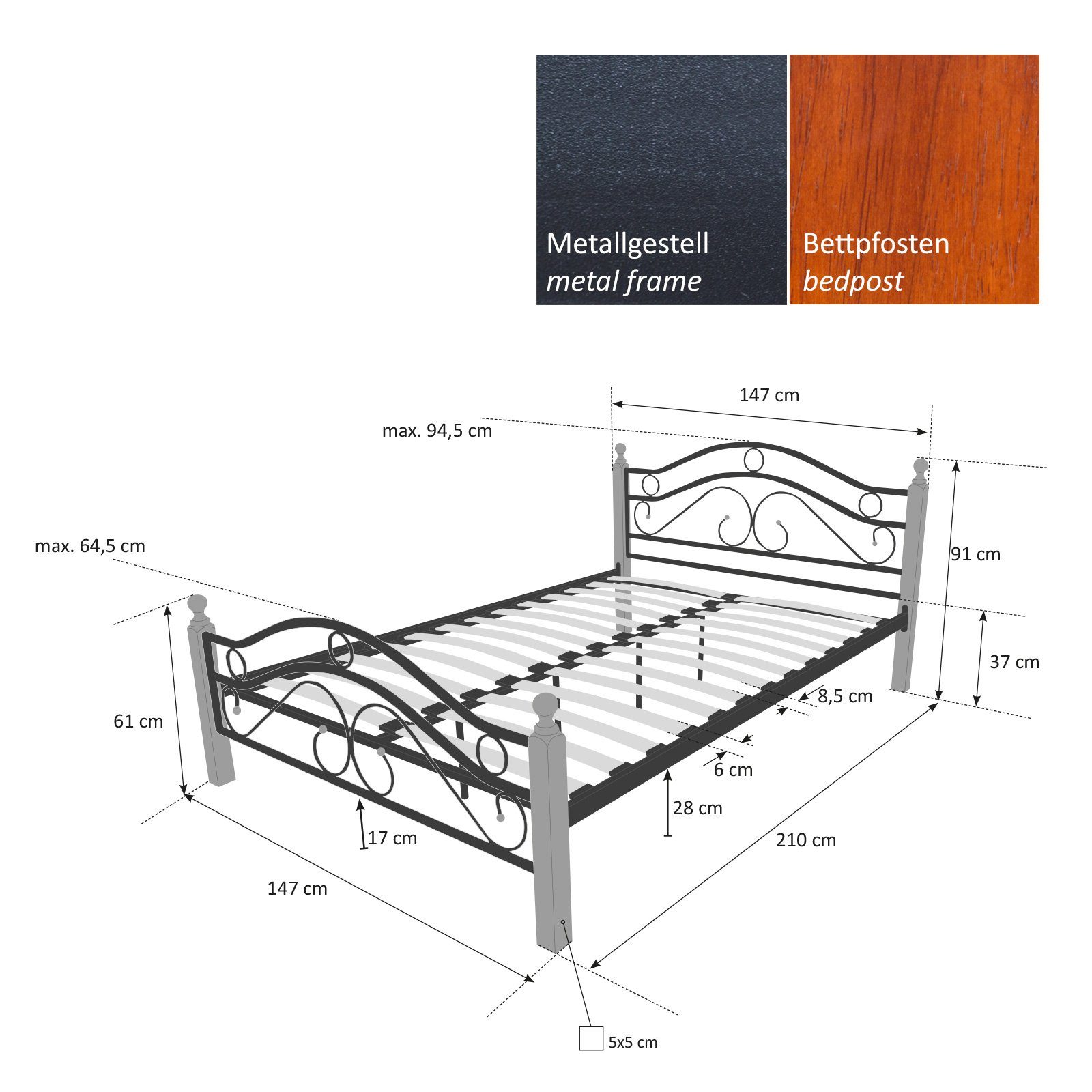 Homestyle4u Metallbett Bettgestell Doppelbett Bettrahmen + Lattenrost schwarz 140 160 180 (Kein Set)