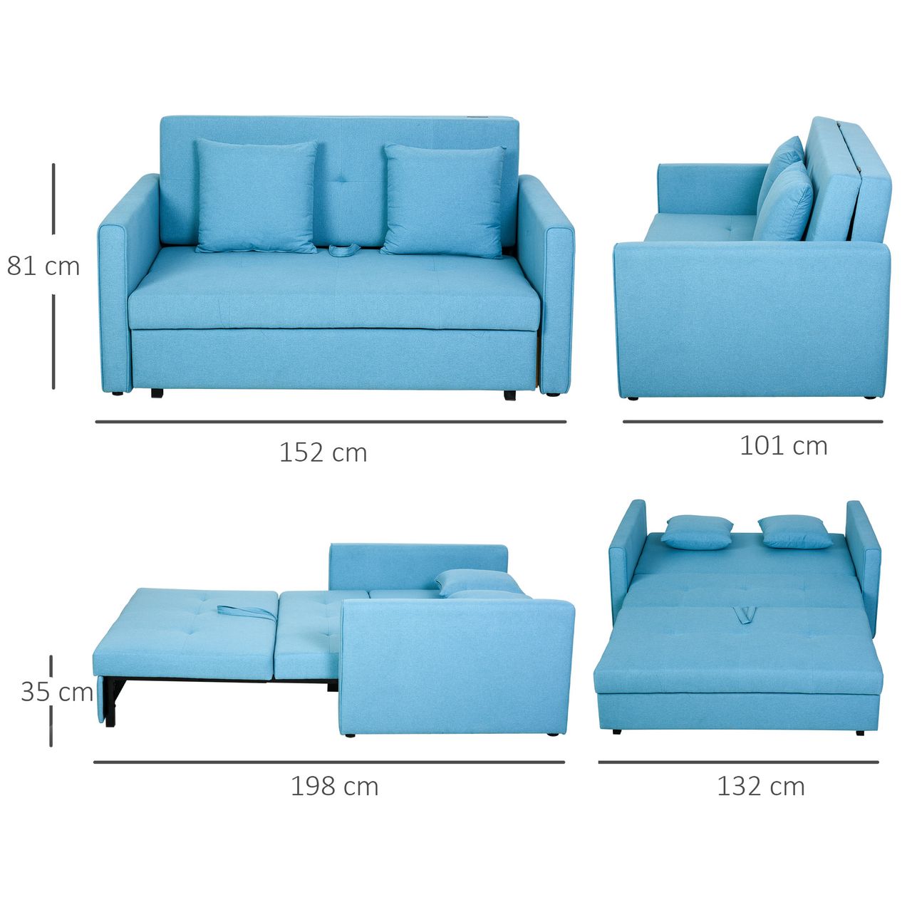 HOMCOM Schlafsofa 2-Sitzer Sofa Polstersofa mit Stauraum, Rückenkissen Hellblau